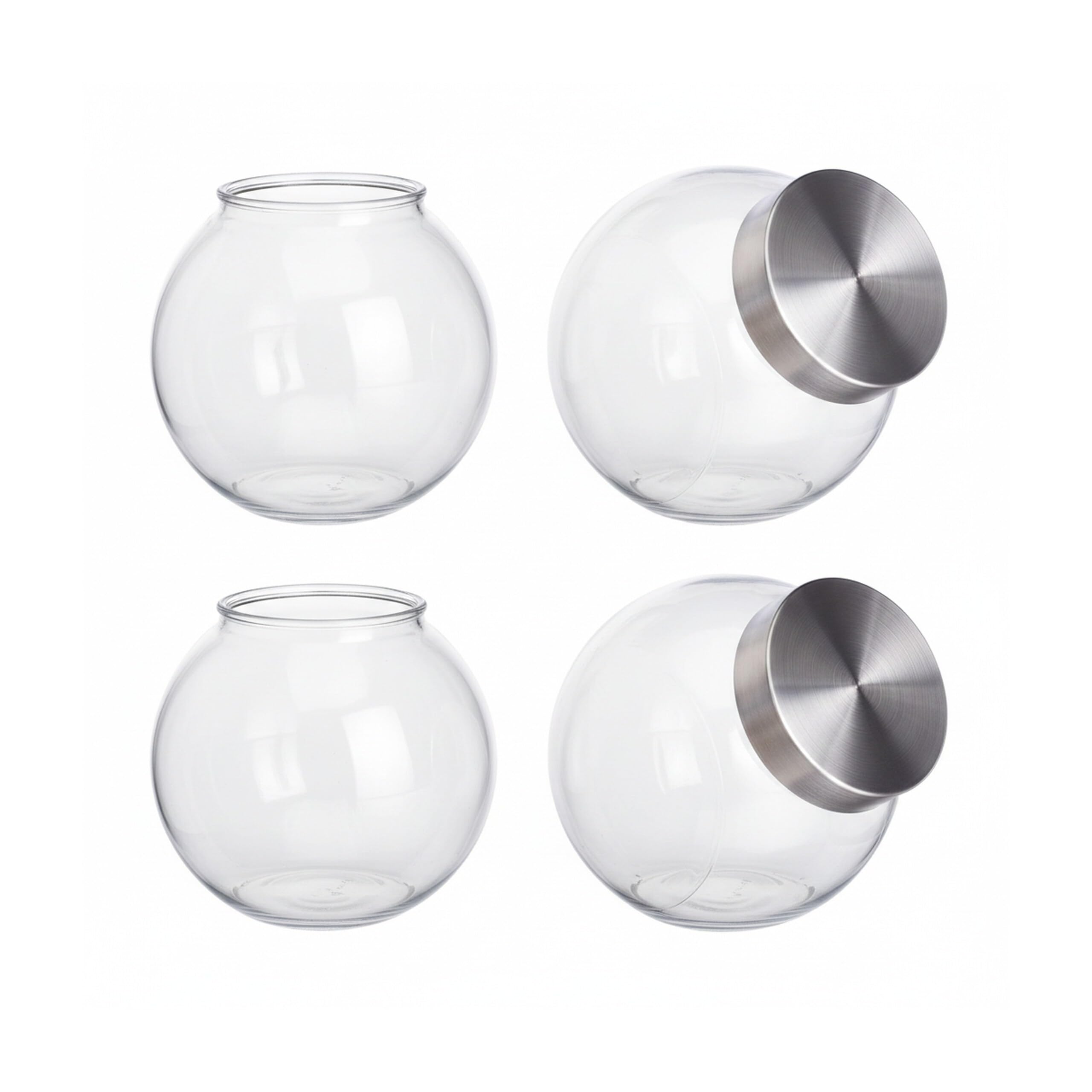 Relaxdays Bote para chuches, 1,5 L, Recipientes para alimentos, Cristal & Acero Inoxidable, 4 Uds., Transparente