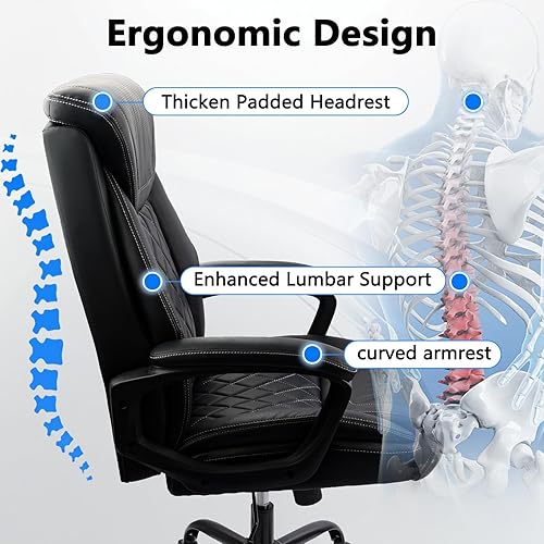 Miniatura 5 de CLATINA Silla de oficina ejecutiva, silla de escritorio ergonómica de cuero grande y alta con soporte lumbar y reposabrazos acolchados, silla