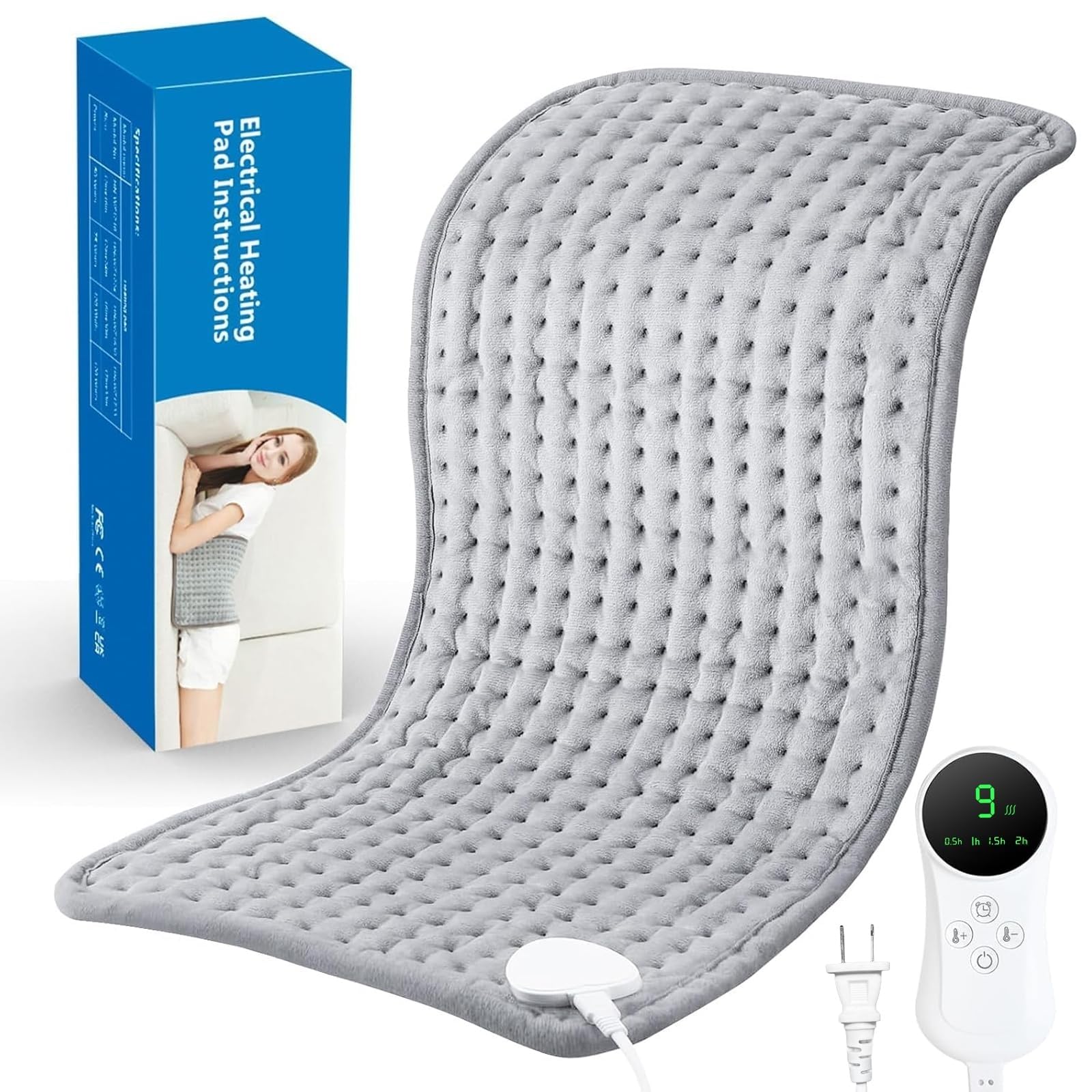 Almohadilla Calentable Eléctrica 30x60cm con Apagado Automático, Manta Calefactora Pequeña, 4 Temporizadores (0,5H-2H) y 9 Niveles de Calor, Lavable a Máquina