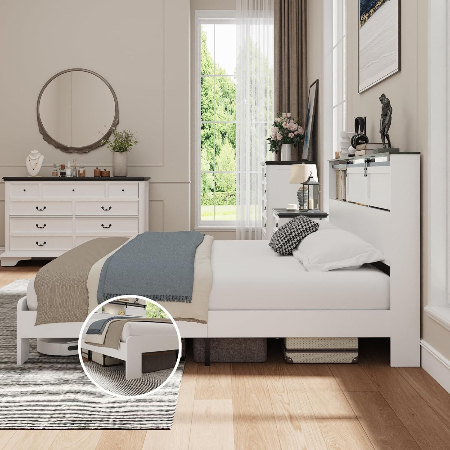 QNICE Wooden King Size Bed Frame with Storage Headboard, LED Lights & Charging Station, Sliding Barn Door, Farmhouse Wood Platform Bed with Metal Slats Support, Boho White