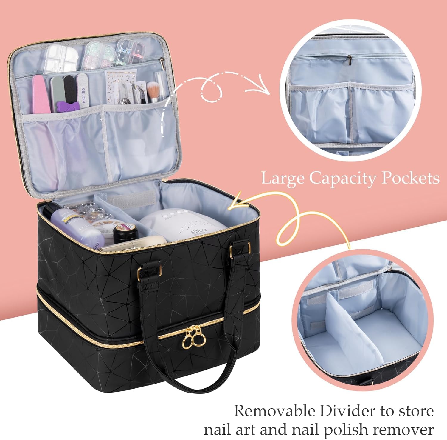 Neceser de gran capacidad y maletín de maquillaje, organizador de cosméticos, organizador de esmalte de uñas, multifuncional, 3 niveles para diseño de uñas, accesorios de diseño de uñas, material de