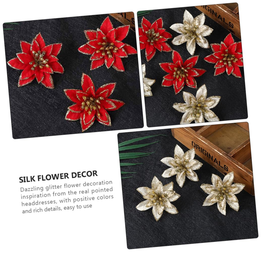 DECHOUS 72 Piezas Flores Artificiales Navideñas Flores De Nochebuena De Seda Flor De Nochebuena con Purpurina Navideña Flor De Pascua Falsa Suministros para La Fiesta Tela De Seda Flash