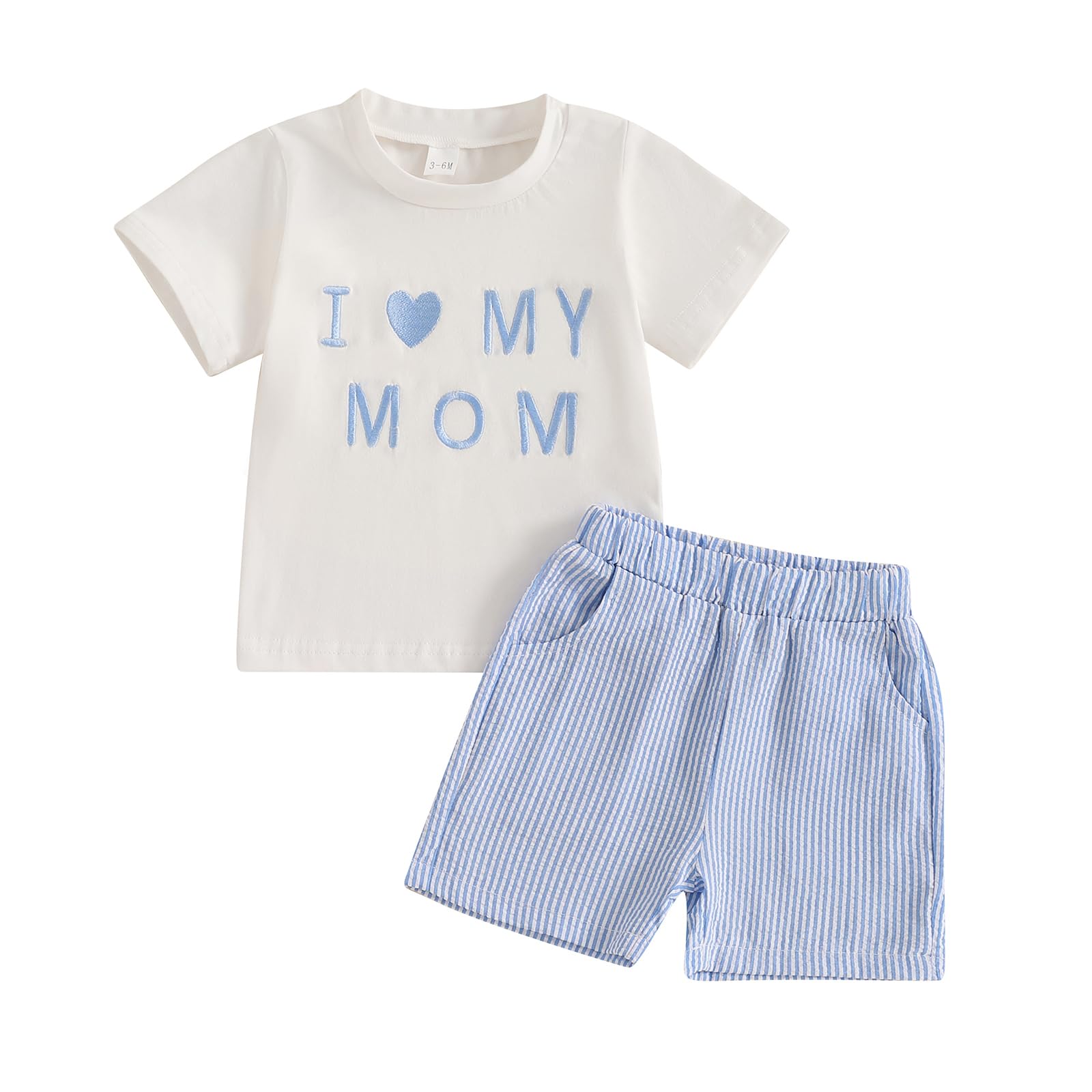Finegoodwei Summer Baby Boys Mother Day Clothes Sets Embroidery Short Sleeves T-Shirt Striped Shorts Toddler Outfits (Sky Blue, 2-3T)