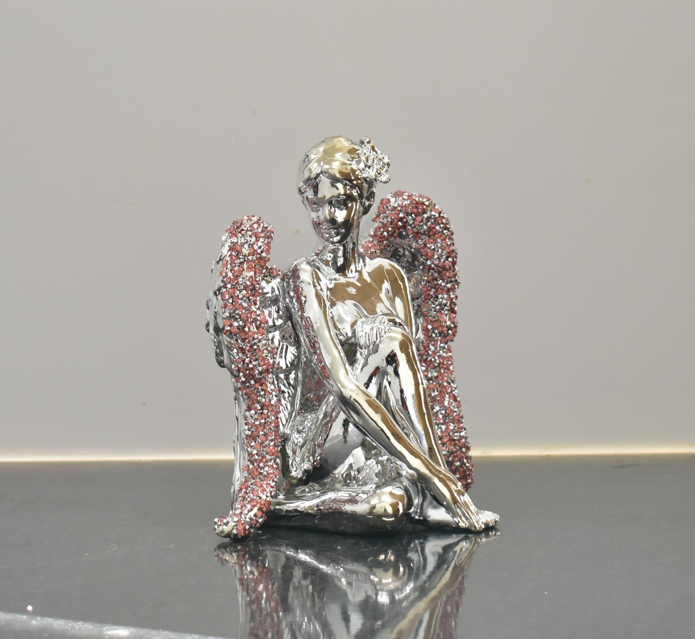 Biznest Pink Sitting Angel With Wide Wings Crushed Ornament Sparkle Diamond For Gift Beautiful Decorative (Pink)