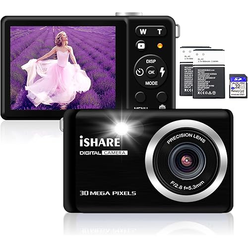 Digital Camera for Photography, Rechargeable 30MP Point and Shoot Camera with 2.8" LCD 18X Digital Zoom for Kids Teens Elders(32GB Card & 2*Battery)