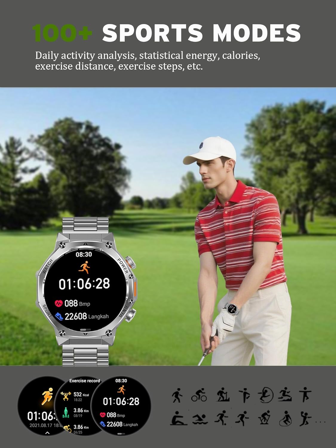 Fitness Smart Watch for Men Women, Bluetooth Calling & 1.8" AMOLED, SpO2/Heart Rate/Sleep Tracker, 100+ Workout Modes, IP67 Waterproof, 7+Day Battery, iPhone Android Compatible (Silver)
