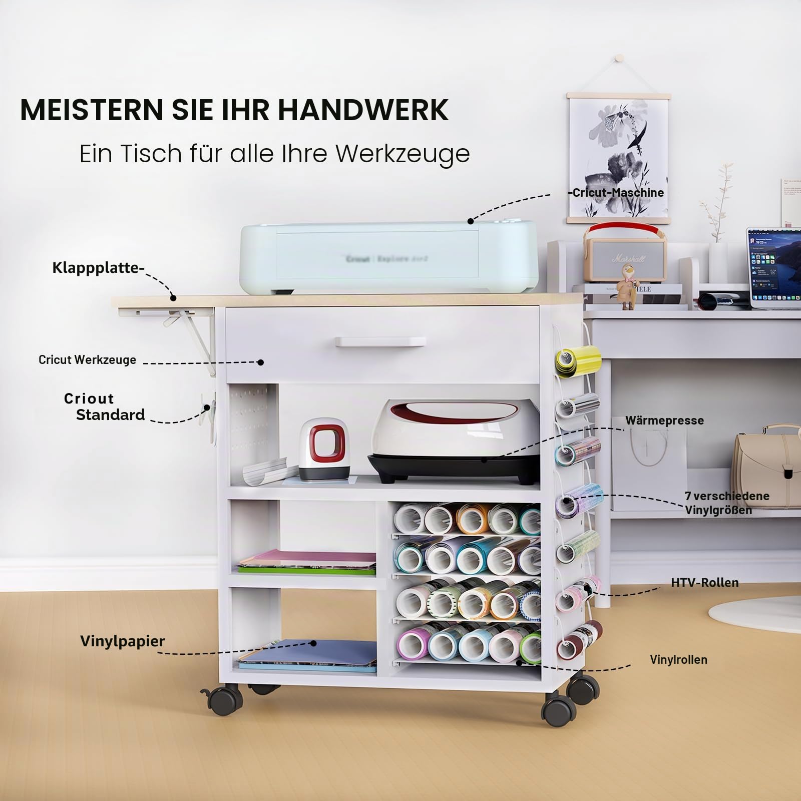 Rollwagen mit Heißpresswagen und Organizern, kompatibel mit Cricut-Maschinen, perfekte Bastelorganisation, Arbeitsplatz (weiß, 75 cm H), GYC-01