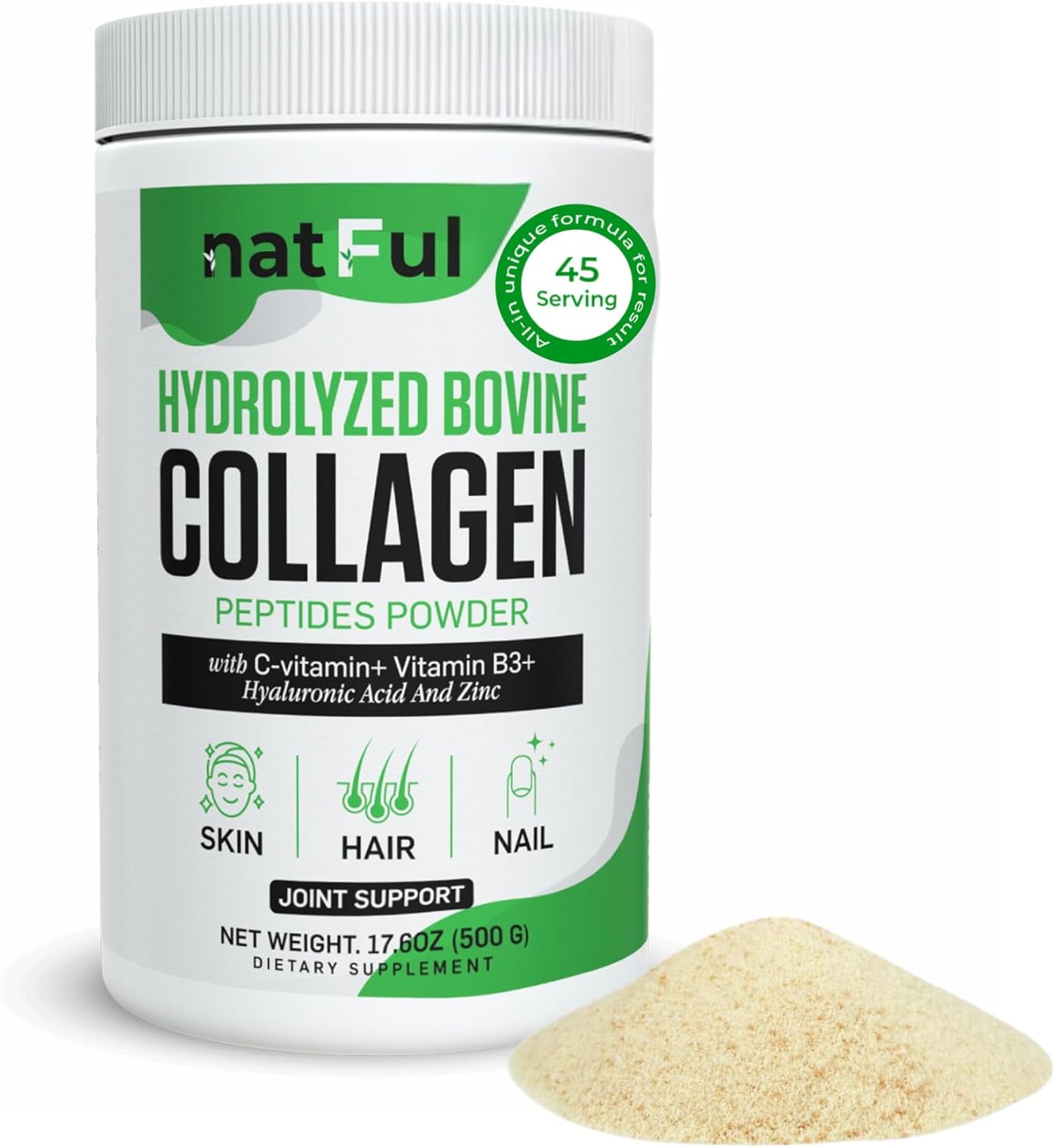 Collagen Peptides Powder – Hydrolyzed Bovine Collagen with Vitamin C, Hyaluronic Acid, Zinc & B3 – Type 1 & 3 Unflavored Protein Powder for Women & Men Hair, Skin, Nails, Joints 45 Servings