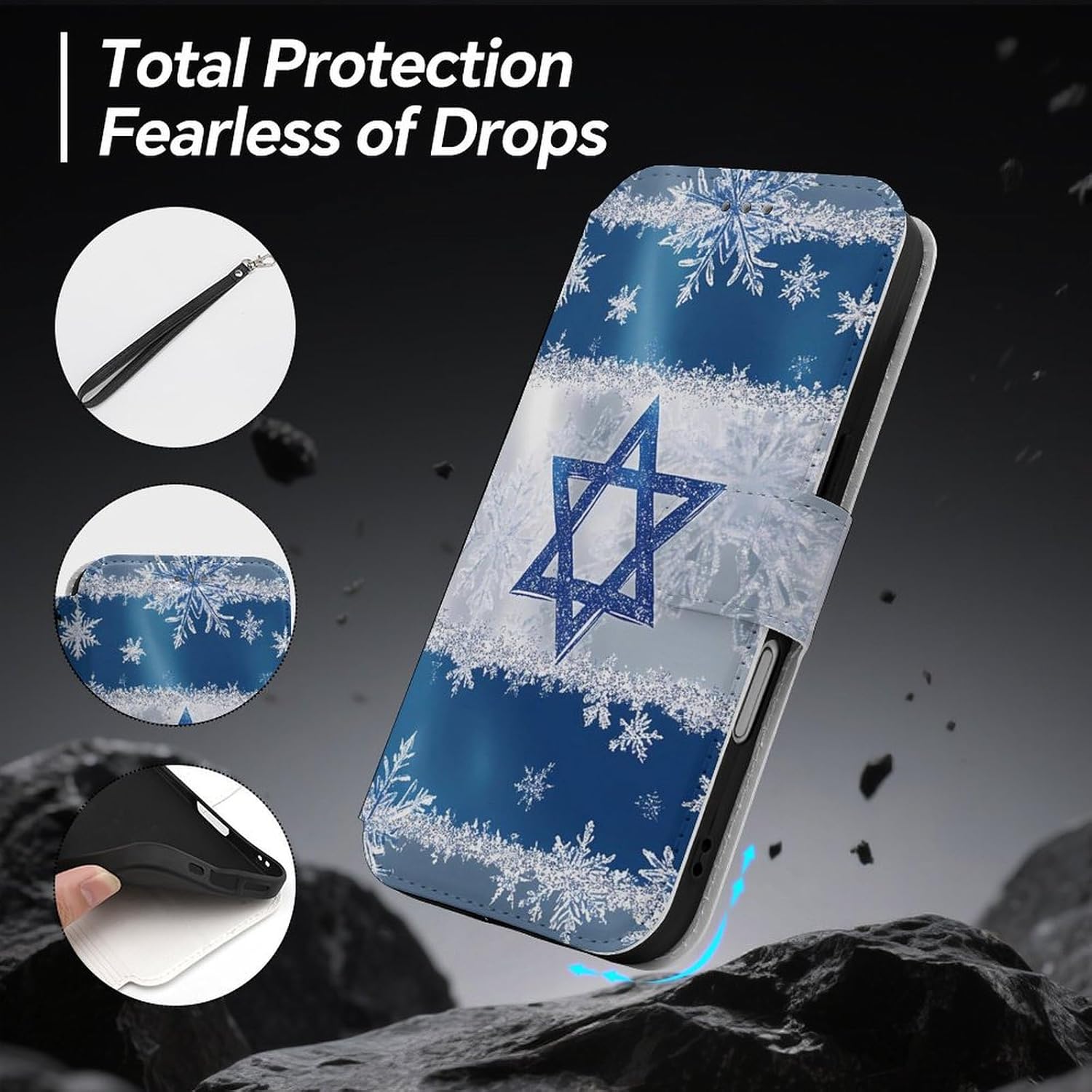 Snowflake Israel Flag Compatible with iPhone 16/16 Plus/16 Pro/16 Pro Max/16 E Case Phone Wallet Card Holder Flip Cover with Wrist Strap