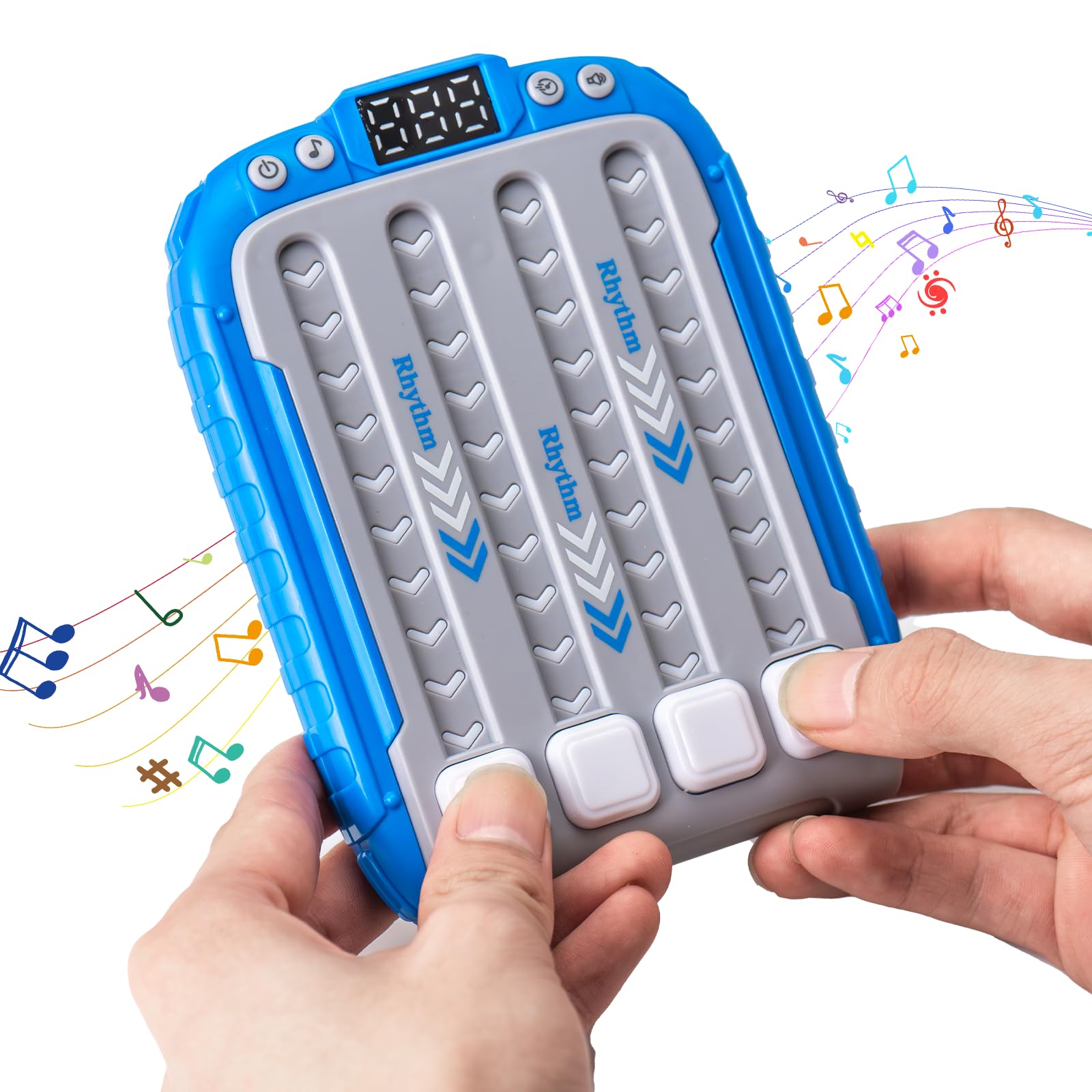 Rhythm Game Machine for Kids Interactive Pop Game with Music & Lights, Handheld Puzzle Fidget Toy for Children Aged 3-9 (Blue)