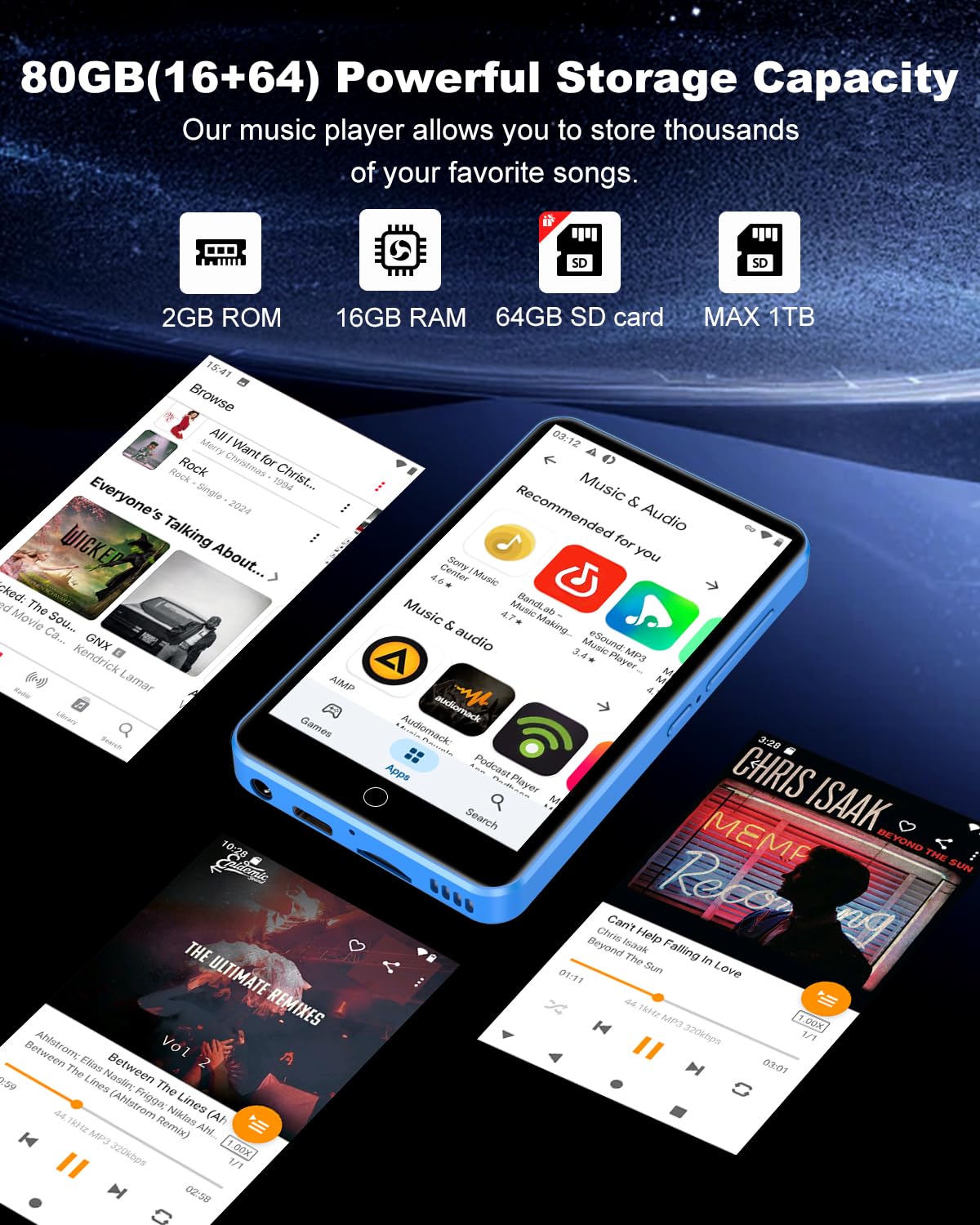 Lecteur MP3 80 Go avec Bluetooth et WiFi, écran Tactile 4 Pouces Lecteur MP3 pour Enfants Haut-Parleur intégré, Lecteur MP4 avec Spotify, Audible, Amazon Music, Deezer, Radio FM, jusqu'à 1To, Bleu