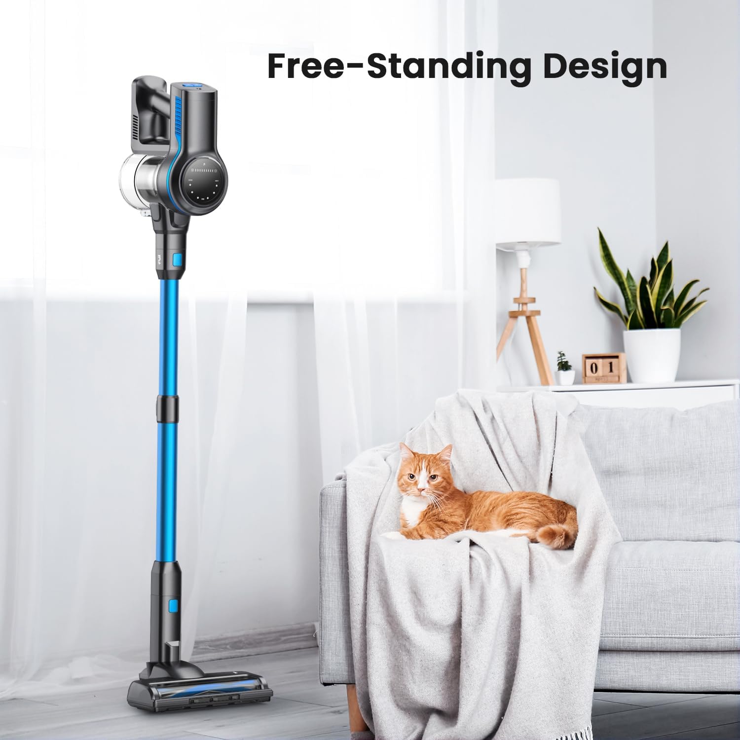 The S7P vacuum standing upright on its own, with insets showing the LED headlight and the brush head's 90-degree up/down and 180-degree left/right swivel capabilities.