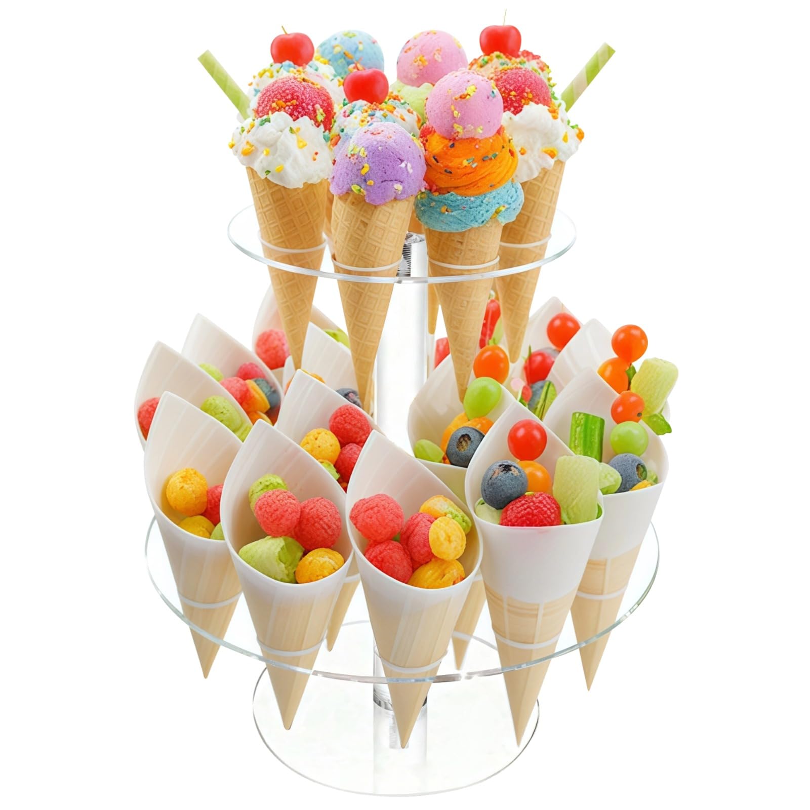 Packool Ice Cream Cone Holder, 2-Tier 24 Holes Transparent Acrylic Dessert Display Stand Ice Cream Cone Stand Waffle Cone Holder