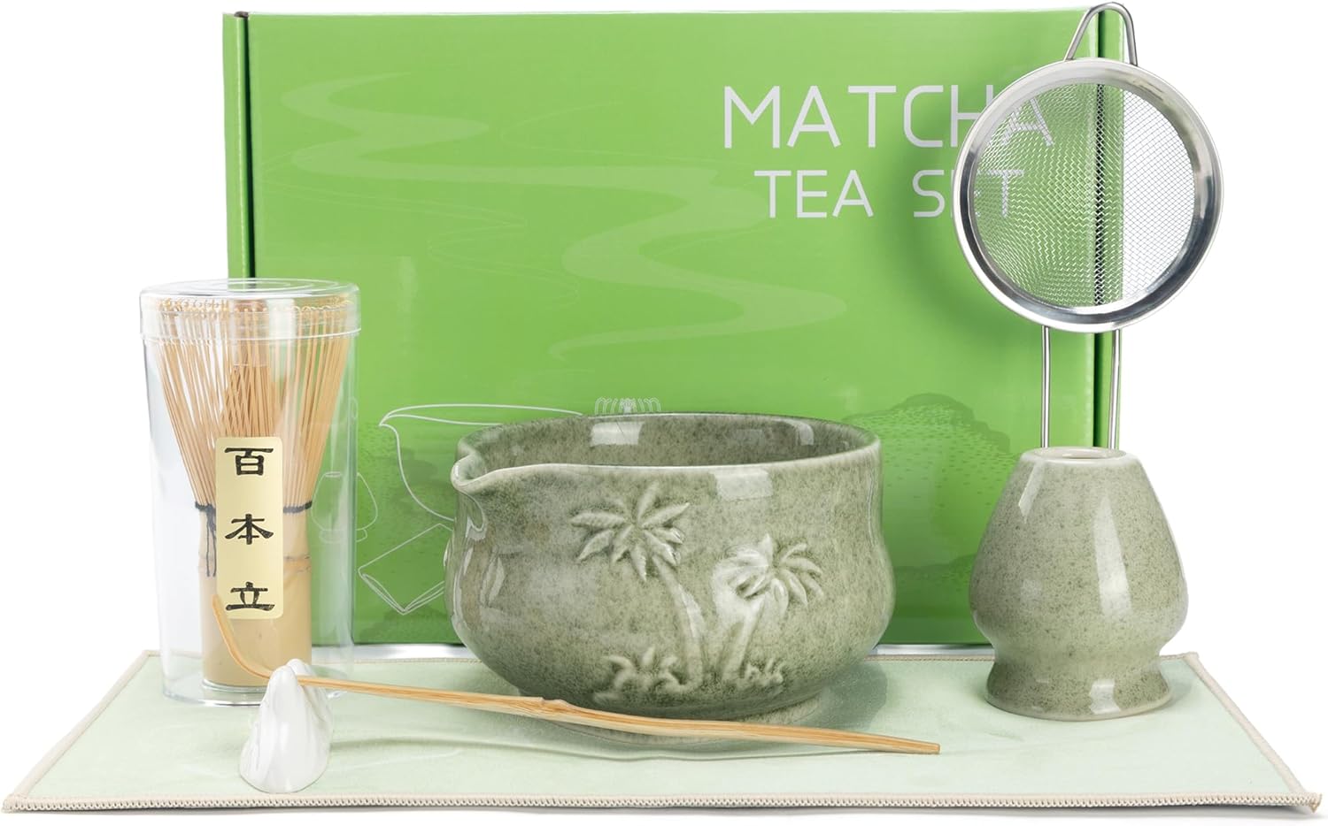Matcha Whisk Set, Ceramic Matcha Kit Set Includes Matcha Bowl, Matcha Whisk and Holder, Bamboo Scoop, Scoop Rest, Sifter and Tea Towel - 7 Pcs Matcha Kit for Matcha Lovers (Matcha Green Coconut Tree)