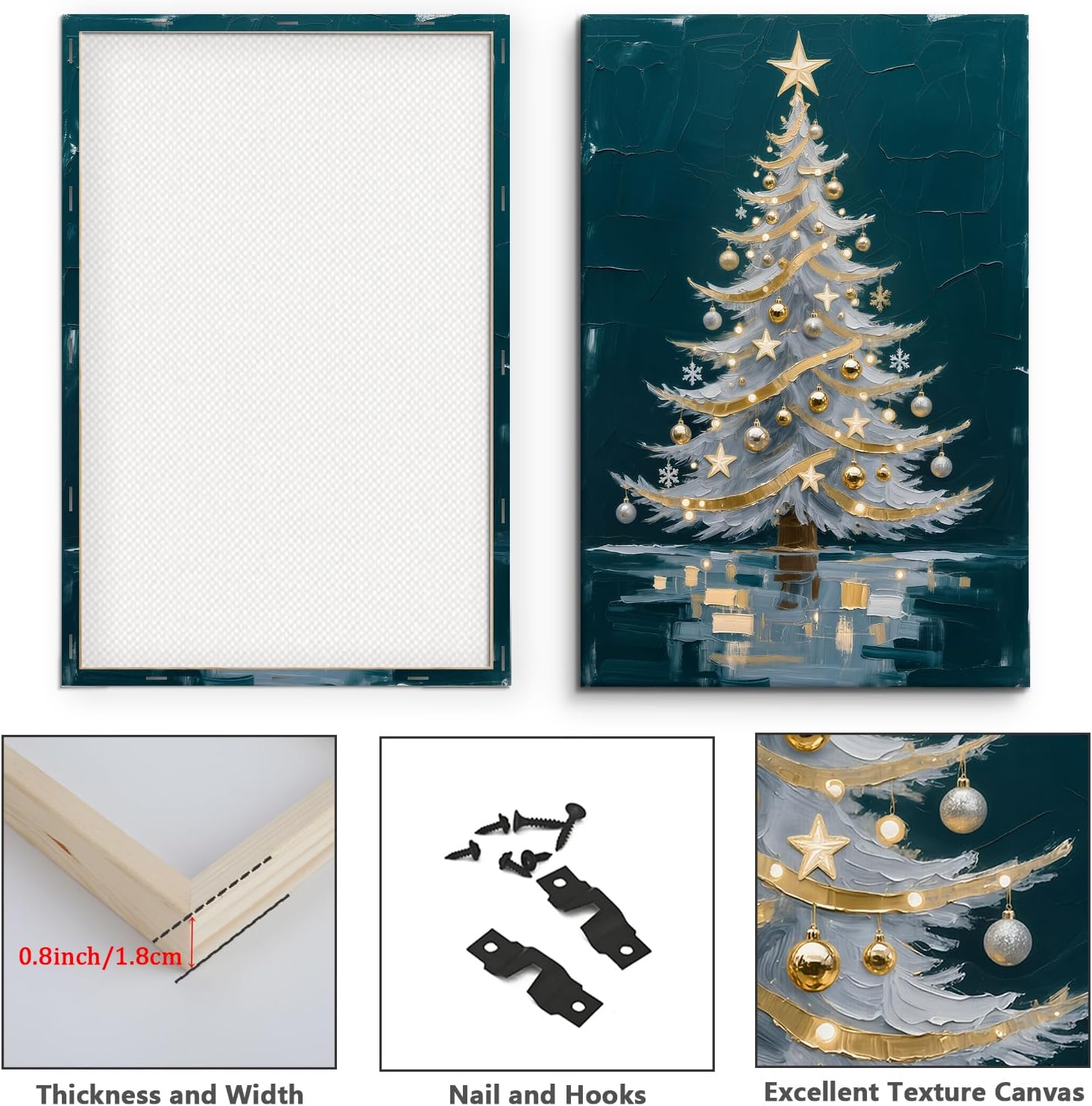 Craftline - Retro Christmas Tree Framed Canvas Wall Art Abstract Christmas Pictures Vintage Silver Christmas Tree with Gold Ornaments Blue Background Poster for Farmhouse Santa Christmas Gifts 12x08