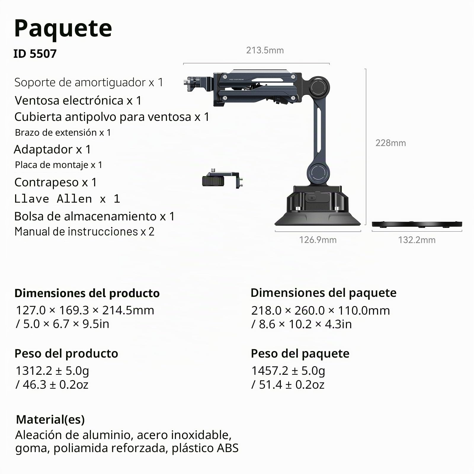 SMALLRIG Brazo Amortiguador Electrónico Mini, Ventosa de 5 Pulgadas, Doble Muelle y Amortiguación Hidráulica, Soporte para Coche para dji Osmo Pocket 4/3/GoPro HERO13/Insta360 X4, con Bolsa - 5507