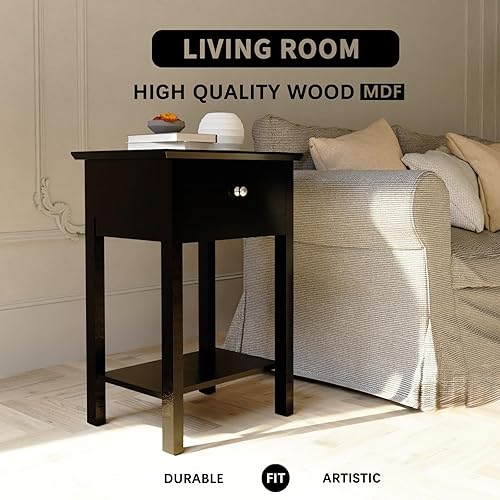 Miniatura 3 de Mesa auxiliar pequeña para dormitorio con cajón y 2 estantes, mesita de noche negra, mesas de noche estrechas, sala de estar con almacenamiento para