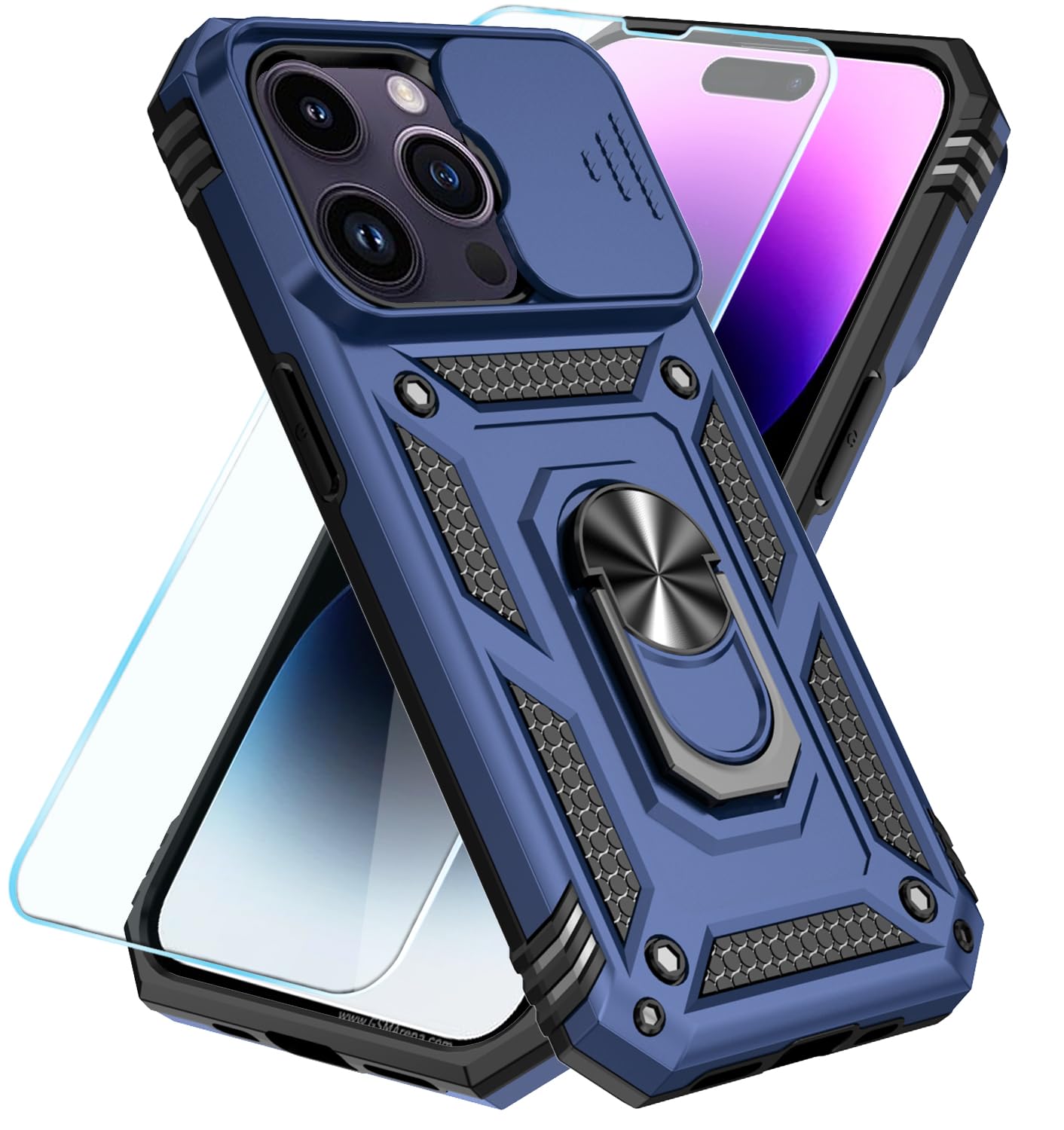 SunStory Compatible with iPhone 14 Pro Max Case with HD Screen Protector & Slide Camera Cover & Rotated Ring Kickstand, [Military-Grade] Phone Case for iPhone 14 Pro Max (Blue)
