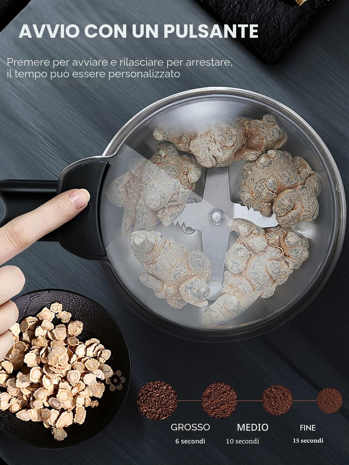 Moongiantgo Macinacaffe Elettrico 400W 35000rpm, Macina Cereali, Caffè e Spezie in Acciaio Inox, Design di Sicurezza APERTO-COPERCHIO-STOP, Ideale per Materiali Secchi, Cereali, Spezie, Erbe, Caffè