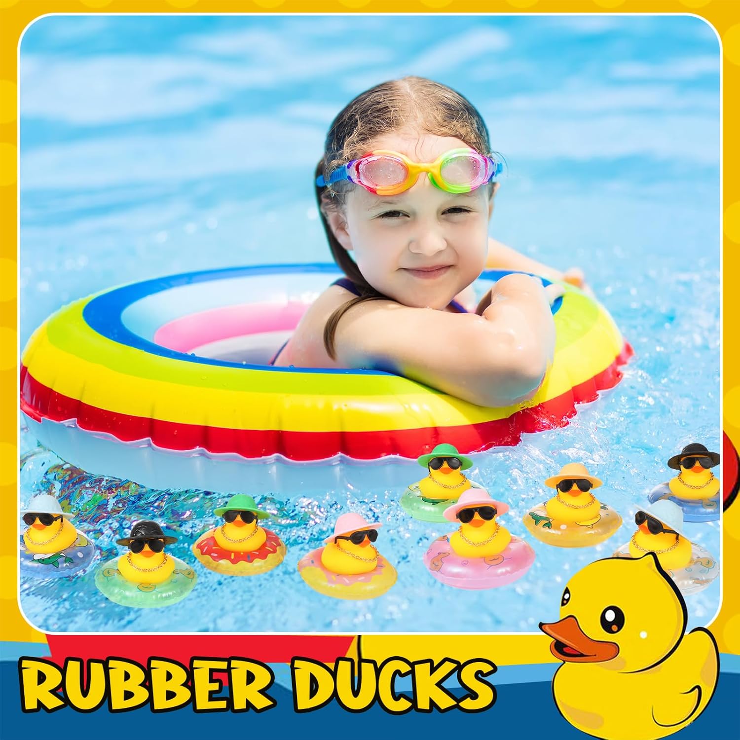 12 Set Mini Rubber Ducks Dashboard with Mini Swim Ring Sun Hat Necklace and Sunglasses, Yellow Duck Bath Ornaments for Car Decor Accessories