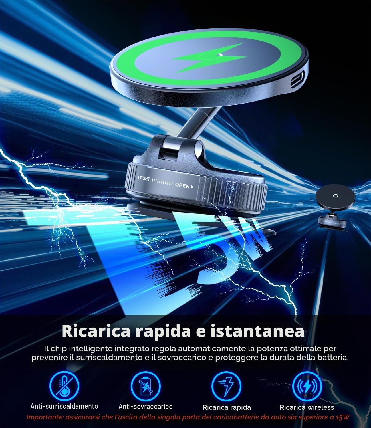CloudValley Caricatore Wireless Auto 15W con Supporto Magnetico e Ventosa in Gel, Stand Pieghevole 360°, Porta Cellulare, Compatibile con MagSafe iPhone 17/16/15/14/13/12
