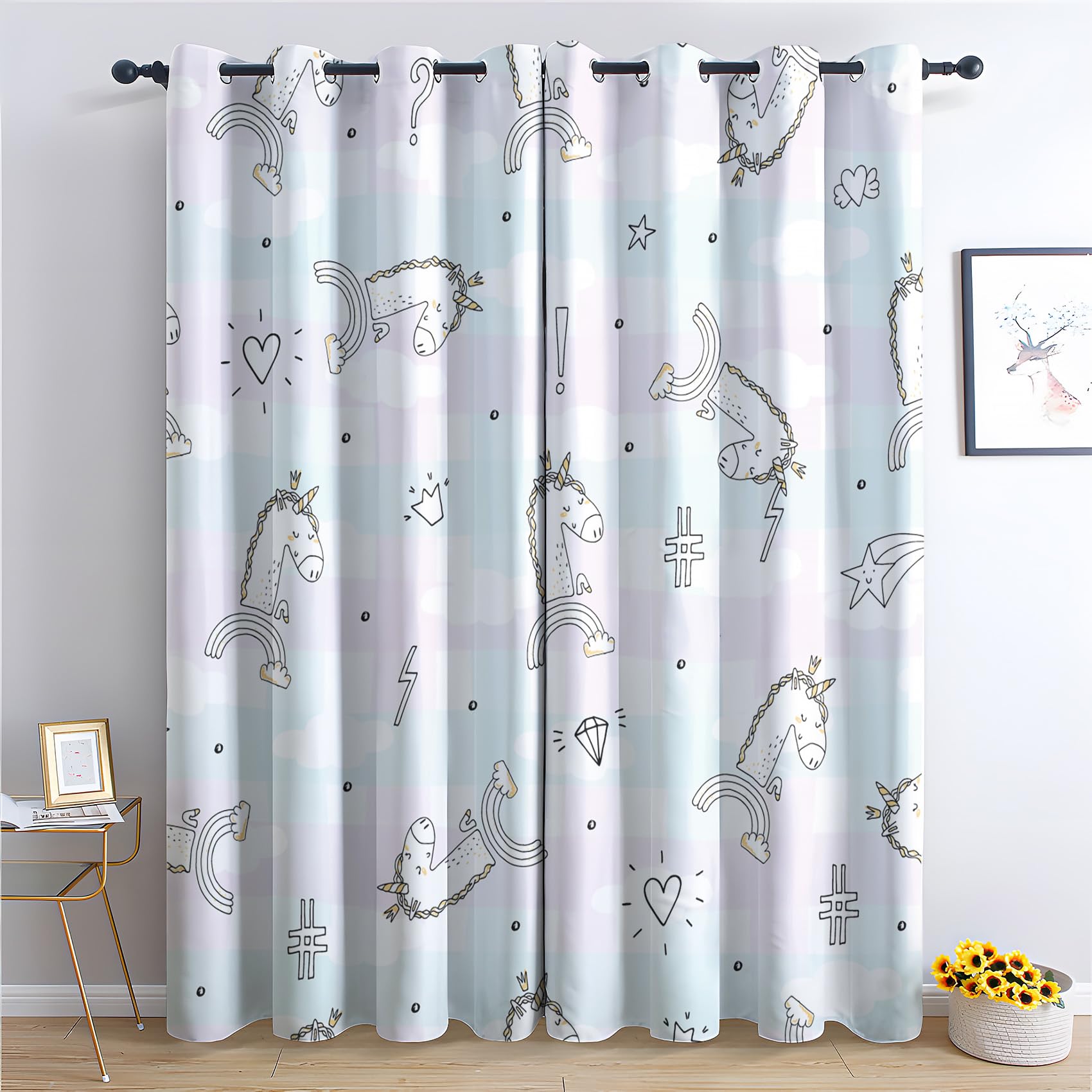 Rideau Occultant Thermiques Enfants Fille Licorne - Lot de 2 Rideaux Imprimé pour Salon Chambre Fenetre Cuisine, Rideaux et Draperies Intérieurs à Oeillets, 110x215 cm (LxH)