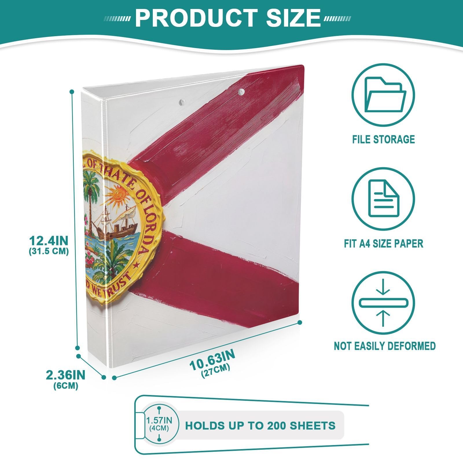 Peystean - Raccoglitore ad anelli rotondo a D da 3,8 cm, con portablocco integrato, copertina rigida stampata su un lato, confezione da 2 bandiere Florida