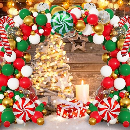 Miniatura 7 de Kit de arco de guirnalda de globos de Navidad, globos rojos, blancos y verdes, globos de papel de aluminio de bastón de caramelo, suministros de