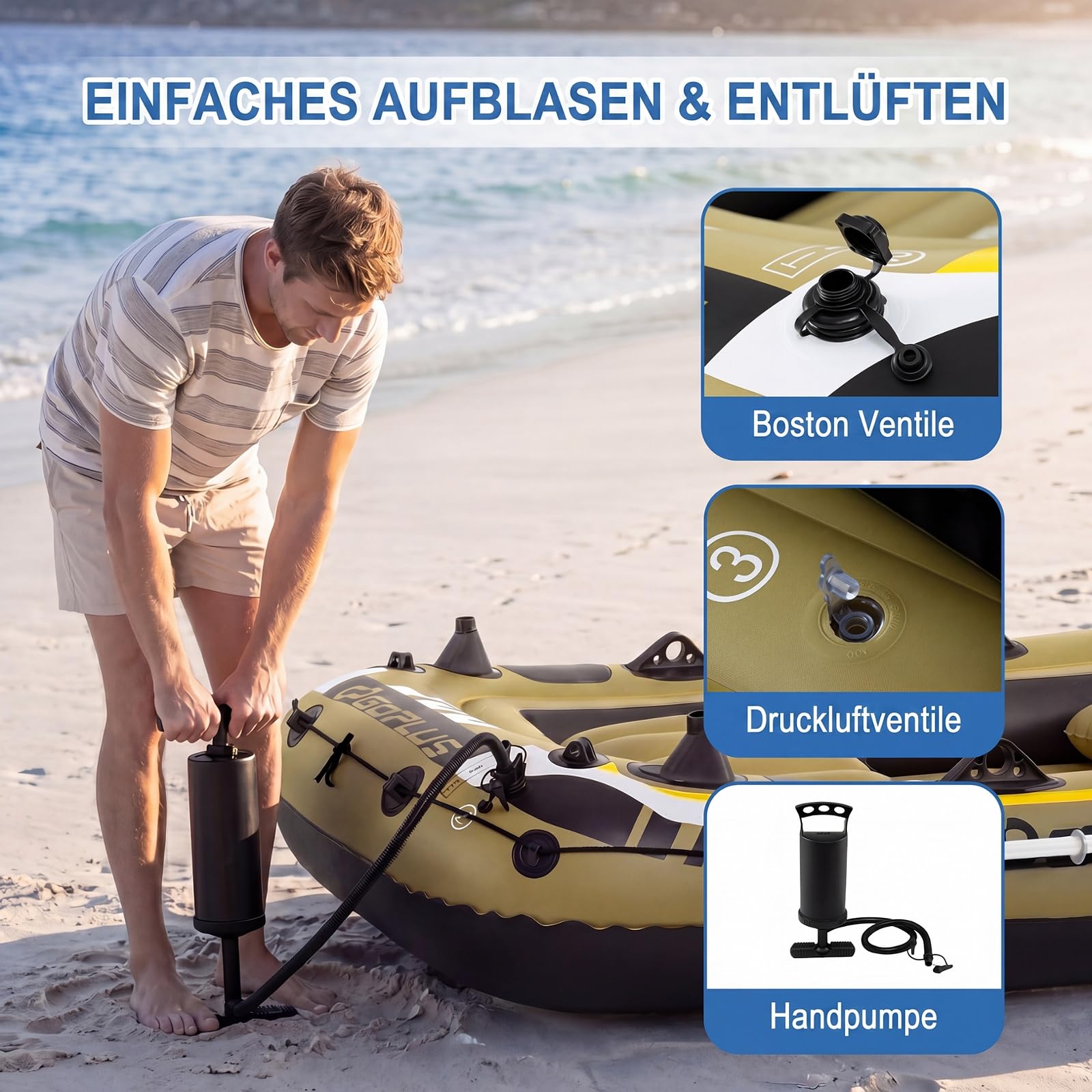 COSTWAY Schlauchboot für 3 Personen, aufblasbares Boot mit 2 Paddeln, Handpumpe, Fischmaßbändern & Angelrutenhaltern, 305 x 136 x 42 cm