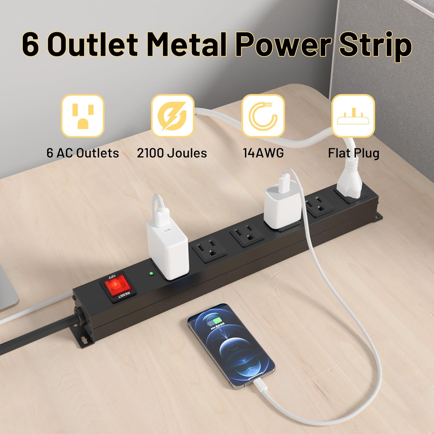 KF 6 Outlets Heavy Duty Power Strip with 2100J Surge Protection and 15A Circuit Breker,6 Wide-Spaced Outlets in Metal Housing,Wall Mount with 8FT Extension Cord for Organized Home,Office,Garage