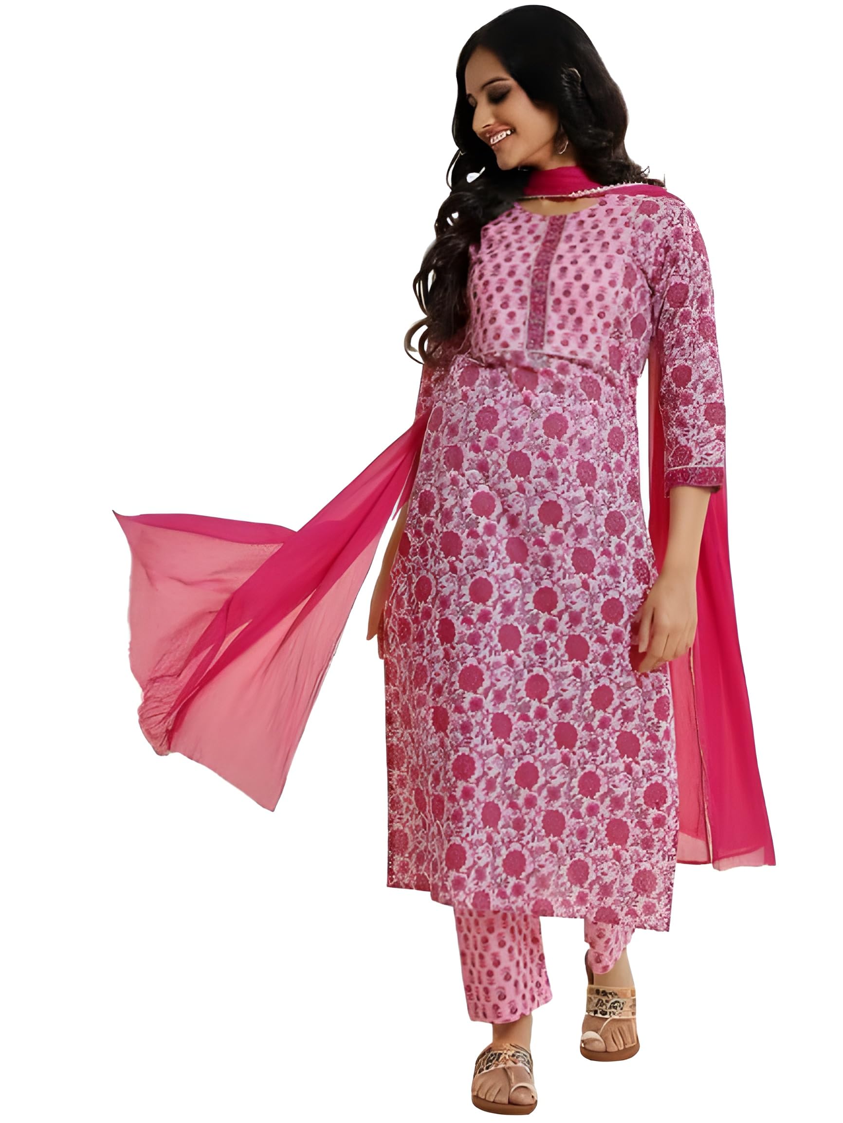 Varanga Women Fuchsia Floral Printed V-Neck Full Sleeves Anarkali Kurta With Tonal Bottom And Dupatta  Elegant Ethnic Set