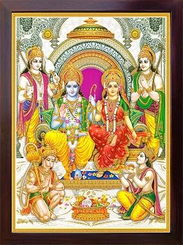 Handicraft Store Hanuman Ram Darbar, A Hindu and Holy Religious Auspicious Gathering of Lord Ram, Sita and Laxman, A Hindu Religious Poster Painting with Frame for Hindu Religious and Gift Purpose.
