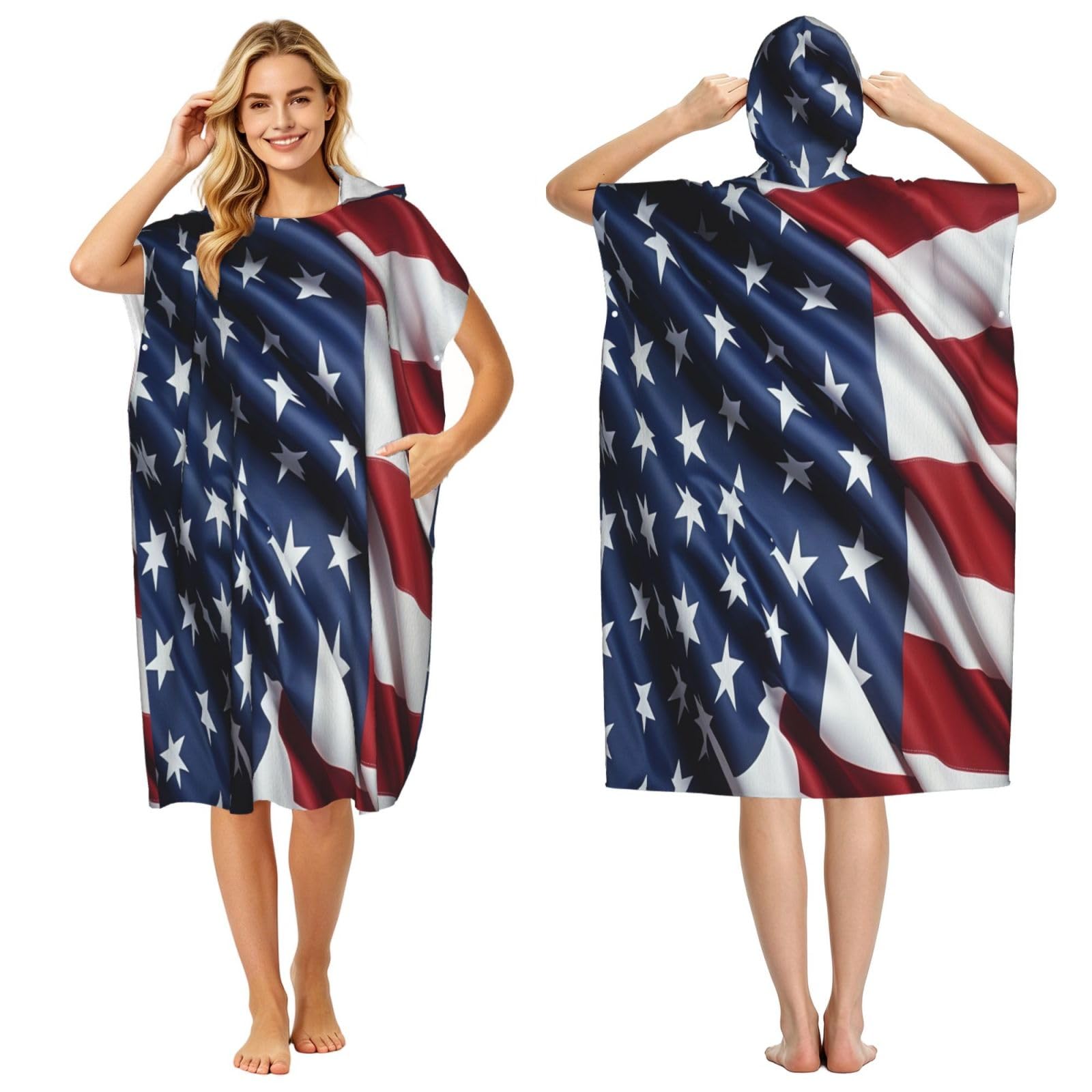 KLGRTJHK The United States Flag Adult Hooded Beach Poncho Towel 43"X35"