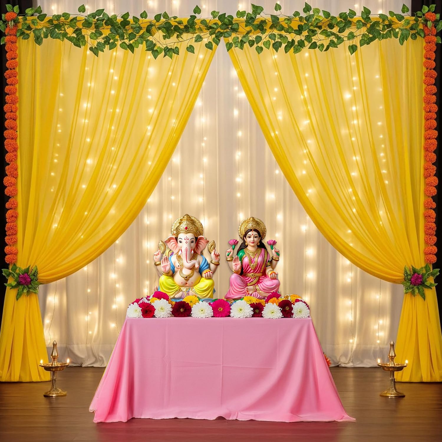 SpecialYouยฎ Ganpati Decoration Setup for Home Decor with Yellow & White Ganpati Decorations Backdrop, Lights(40ft), Marigold & Artificial Vines, Ganesh Decoration Items for Home- 11Pcs