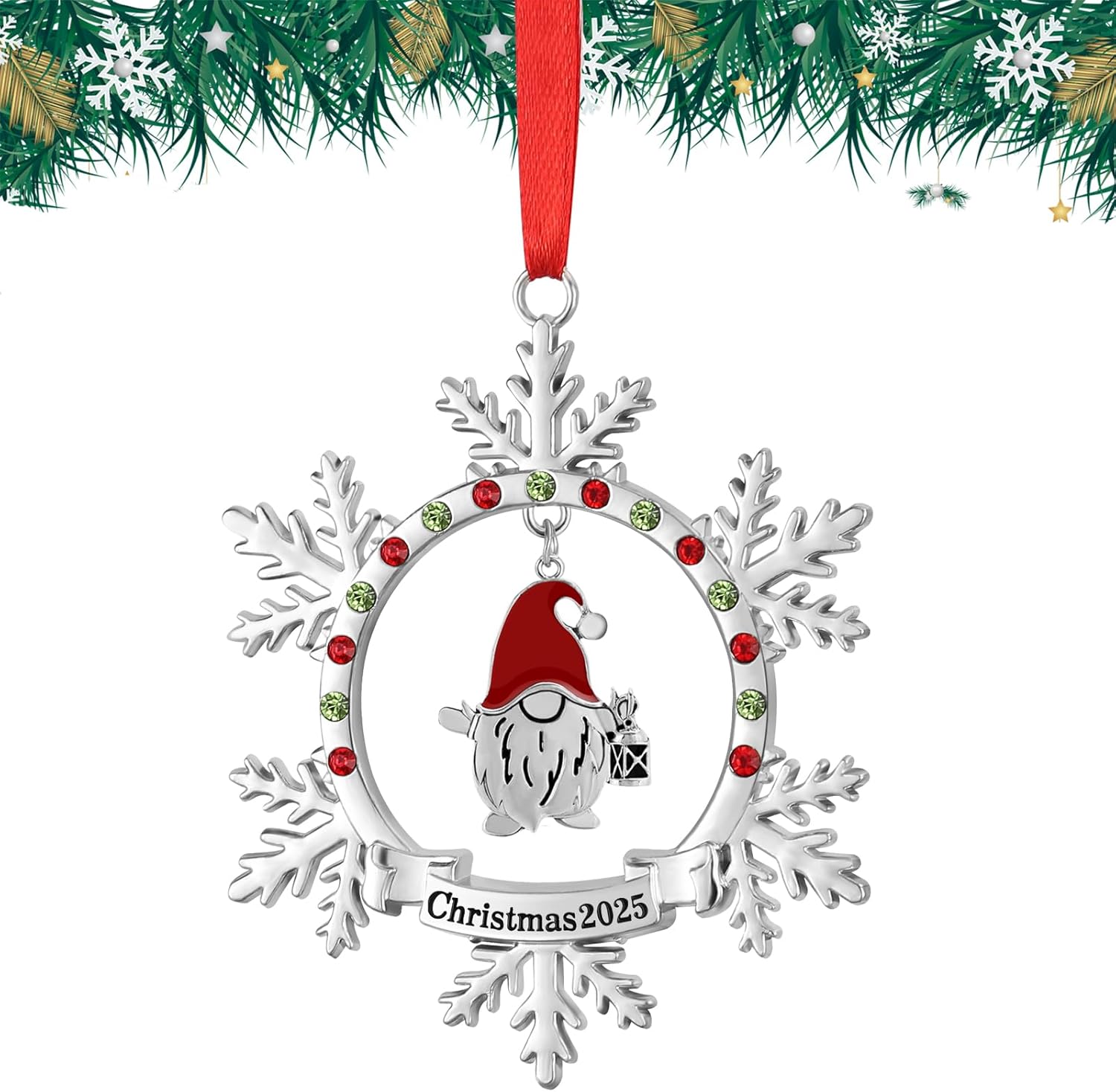 Christmas Gnome Ornament 2025 Shiny Silver Christmas Snowflake Ornaments Funny Holiday Xmas Keepsake Pendant Christmas Tree Hanging Decor Housewarming Gift (2025)