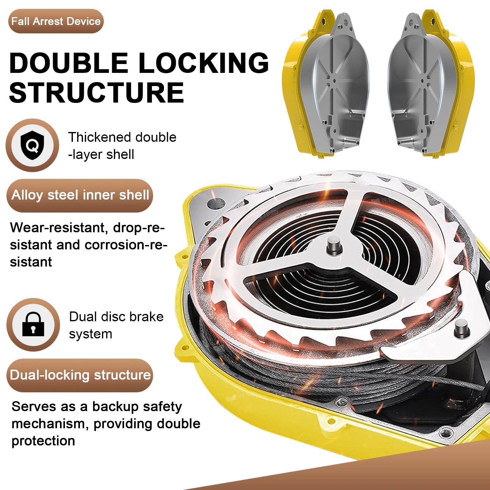 Dispositif Anti Chute Retractable, Stop Chute à Rappel Automatique 10m, 150kg Kit Harnais Anti Chute avec Certifié CE pour Toiture, Crochet Pivotant Amélioré - Mousqueton，Jaune：10m