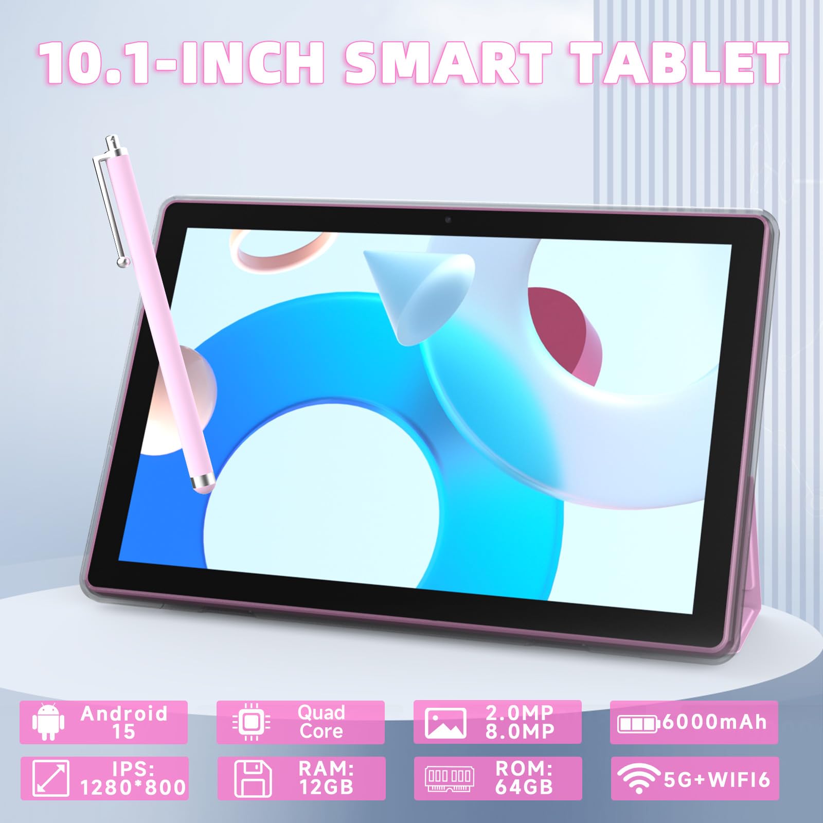 2 in 1 tavolo Android 10 pollici con tablet custodia protettiva e penna stilo android 15 Tablet 5G WiFi-6 1280 * 800 Full HD IPS display 6000mAh 64GB ROM + 12GB RAM (4+8 virtuale), espansione 1024GB