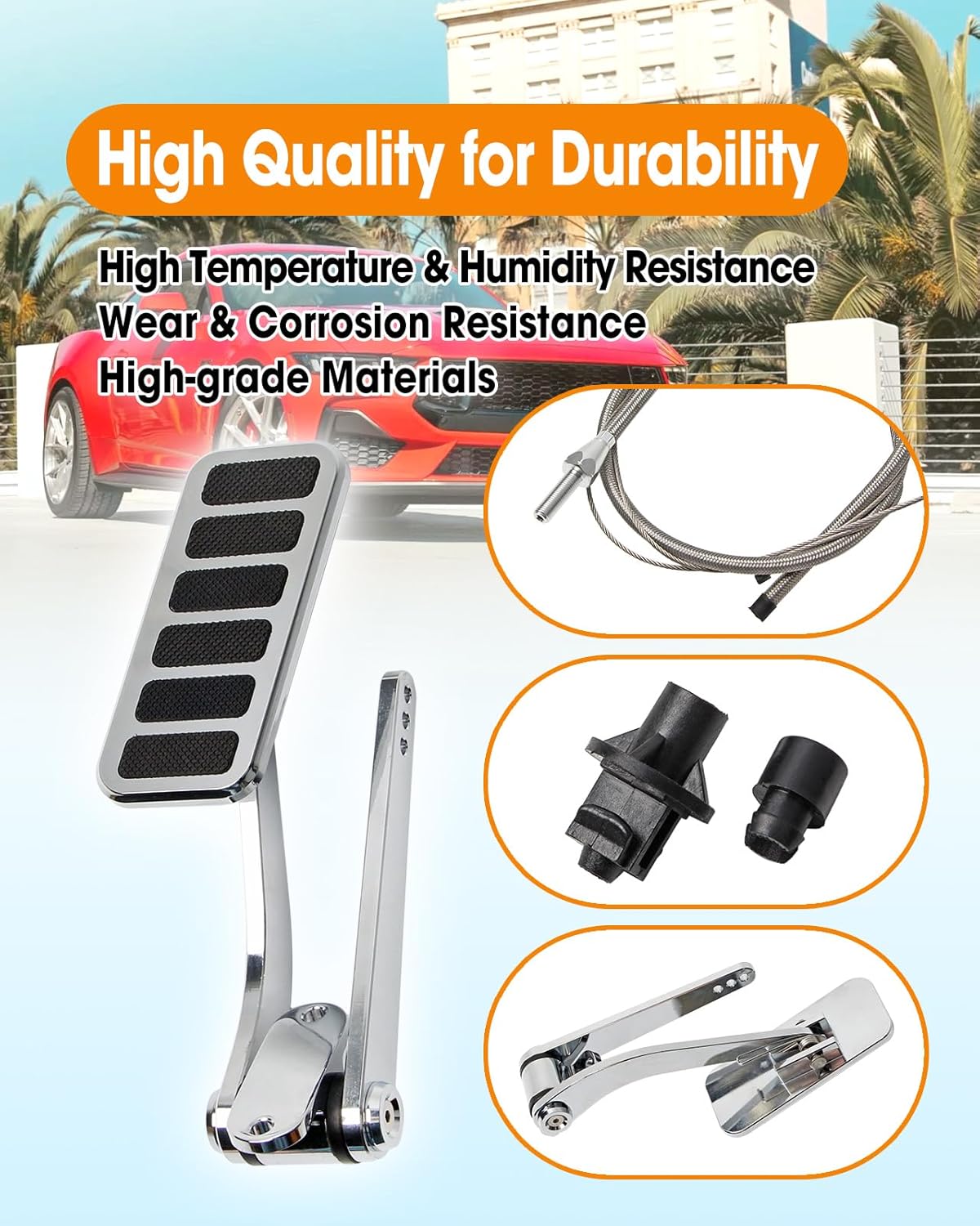 Polished Aluminum Throttle Gas Pedal Kit Compatible with Chevy Ford Mopar with 36Inch Adjustable Stainless Steel Braided Throttle Cable Replace 5657