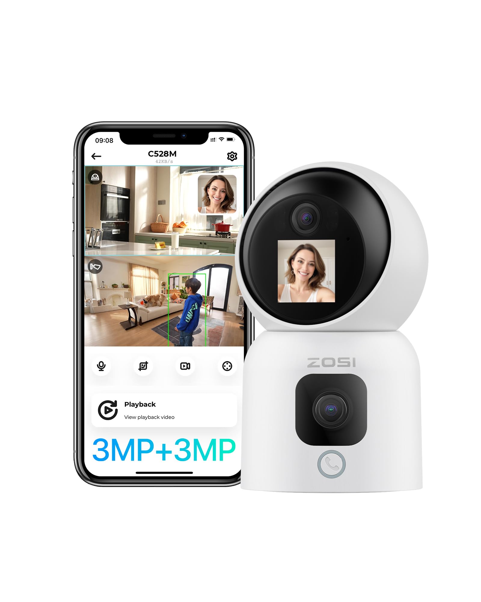 ZOSI C528M 6MP Cámara Vigilancia WiFi Interior con Doble Lente y 1,44'' Monitor, 2,4G/5G WiFi, 3MP Lente Pan y Tilt + 3MP Lente Fija, Seguimiento de Persona, Videollamada con Gesto