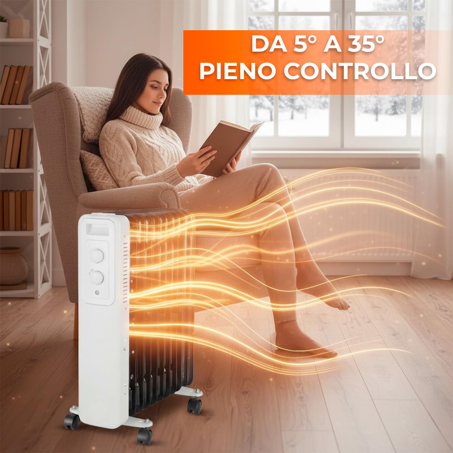 BRICOZONE Radiatore A Olio 2500W Con Tredici Elementi Termici Tre Livelli Di Riscaldamento Termostato Regolabile Protezione Anti Surriscaldamento Ruote Scorrevoli Avvolgicavo Integrato Per Casa