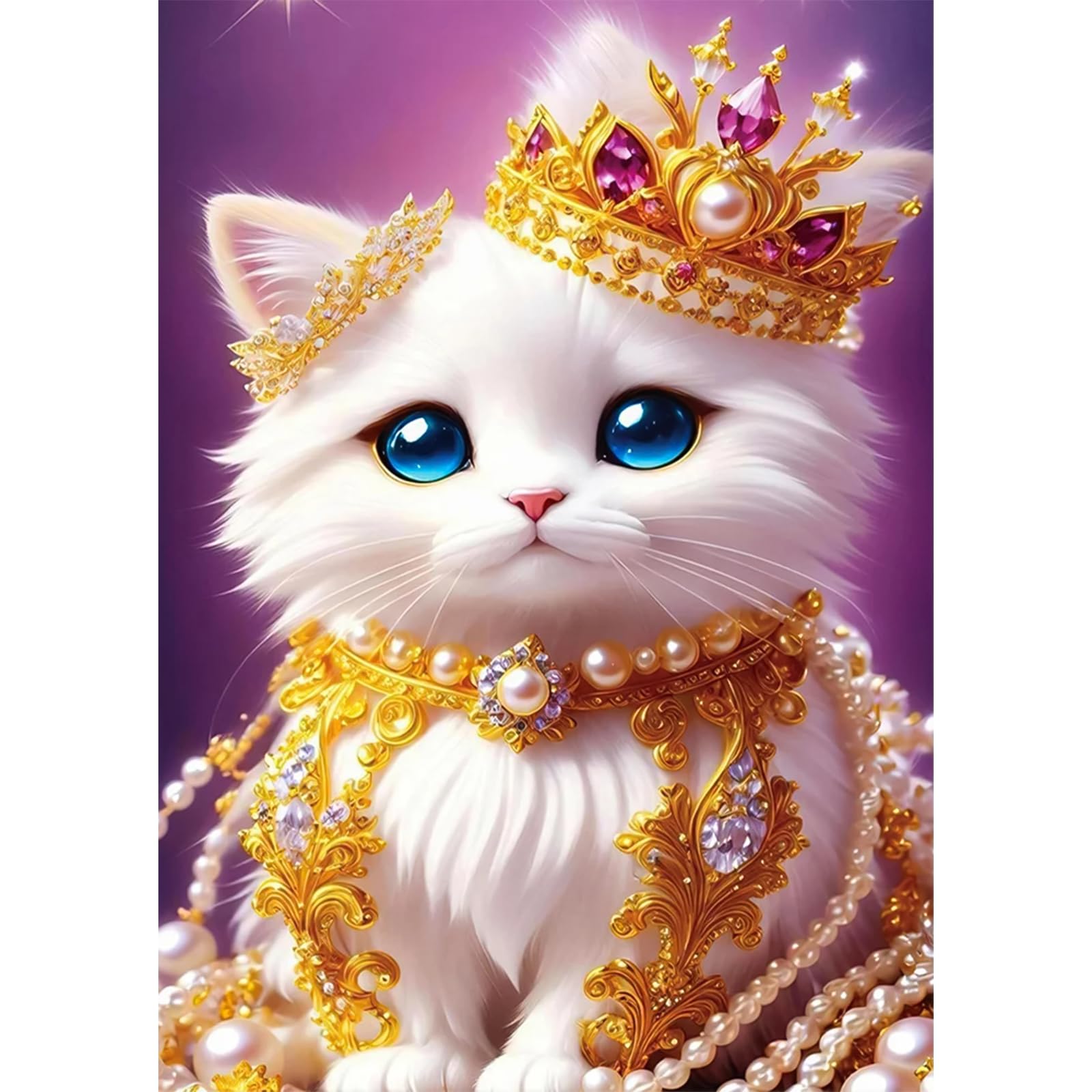 QENSPE 5D Diamond Painting Kits, White Cat Diamond Art for Adults, Full Drill Cat Queen Diamond Painting Kit for Beginners Kids, DIY Crystal Picture Art for Home Wall Decor 30x40cm / 12x16 inch