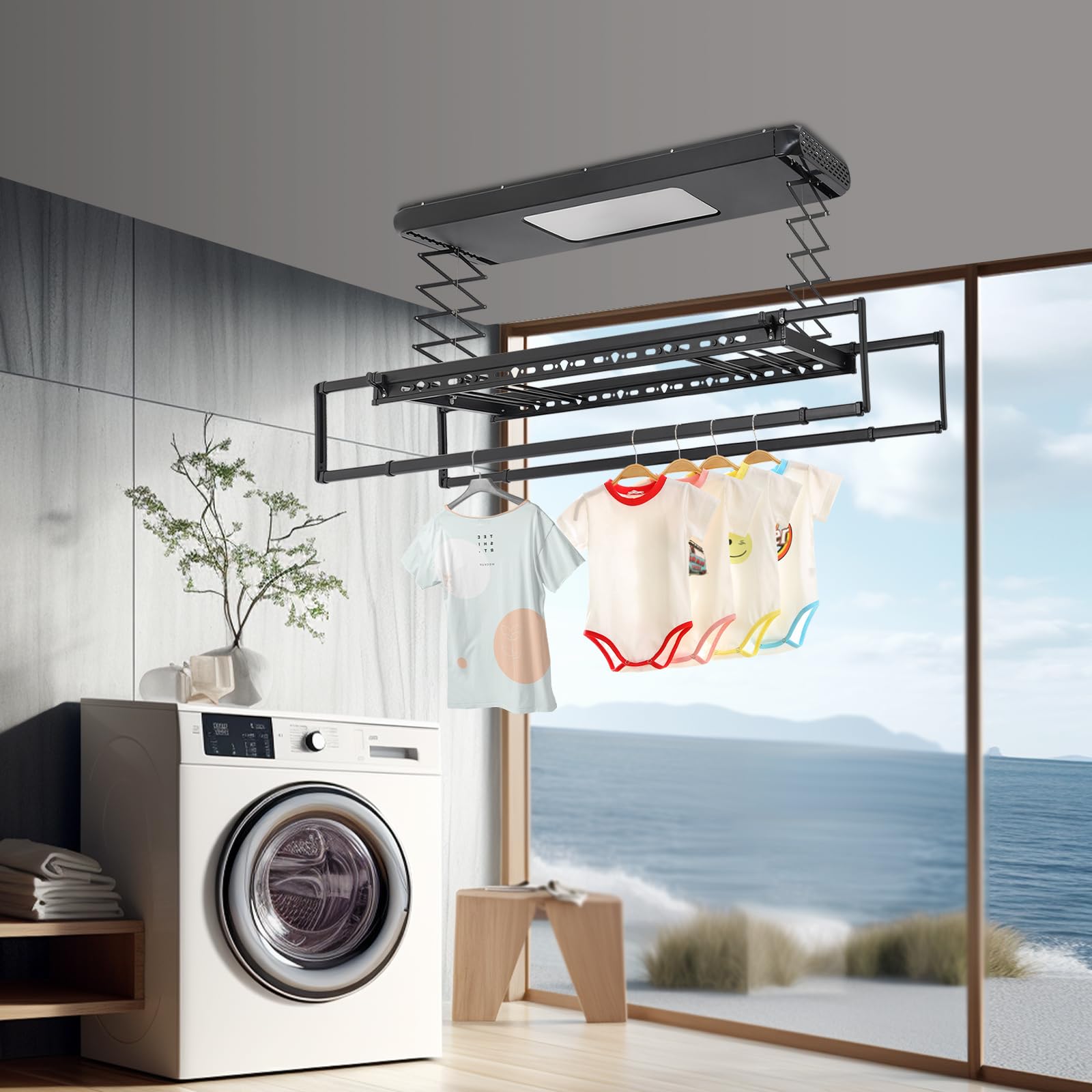 Elektrischer Wäscheständer für Decke, Hebender Wäschetrockner mit Fernbedienung und LED Beleuchtung, Tragfähigkeit 35kg, 130-215cm Einstellbare Ausziehbares Deckenwäscheständer