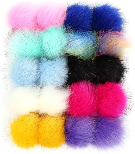 20 pompones de piel sintética coloridos, pompones de piel esponjosa de 4 pulgadas con lazo elástico para sombreros de punto, guantes, bolsas,