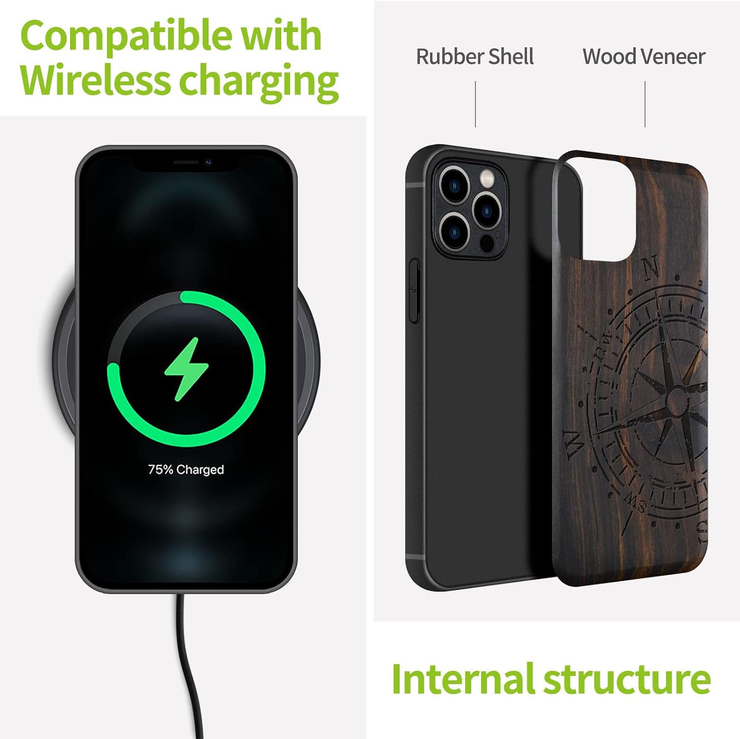 Carveit Magnetic Wood Case for iPhone 12 Pro Max Case [Natural Wood & Black Soft TPU] Shockproof Protective Unique & Classy Wooden Cover Compatible with MagSafe (Vintage Compass-Blackwood)