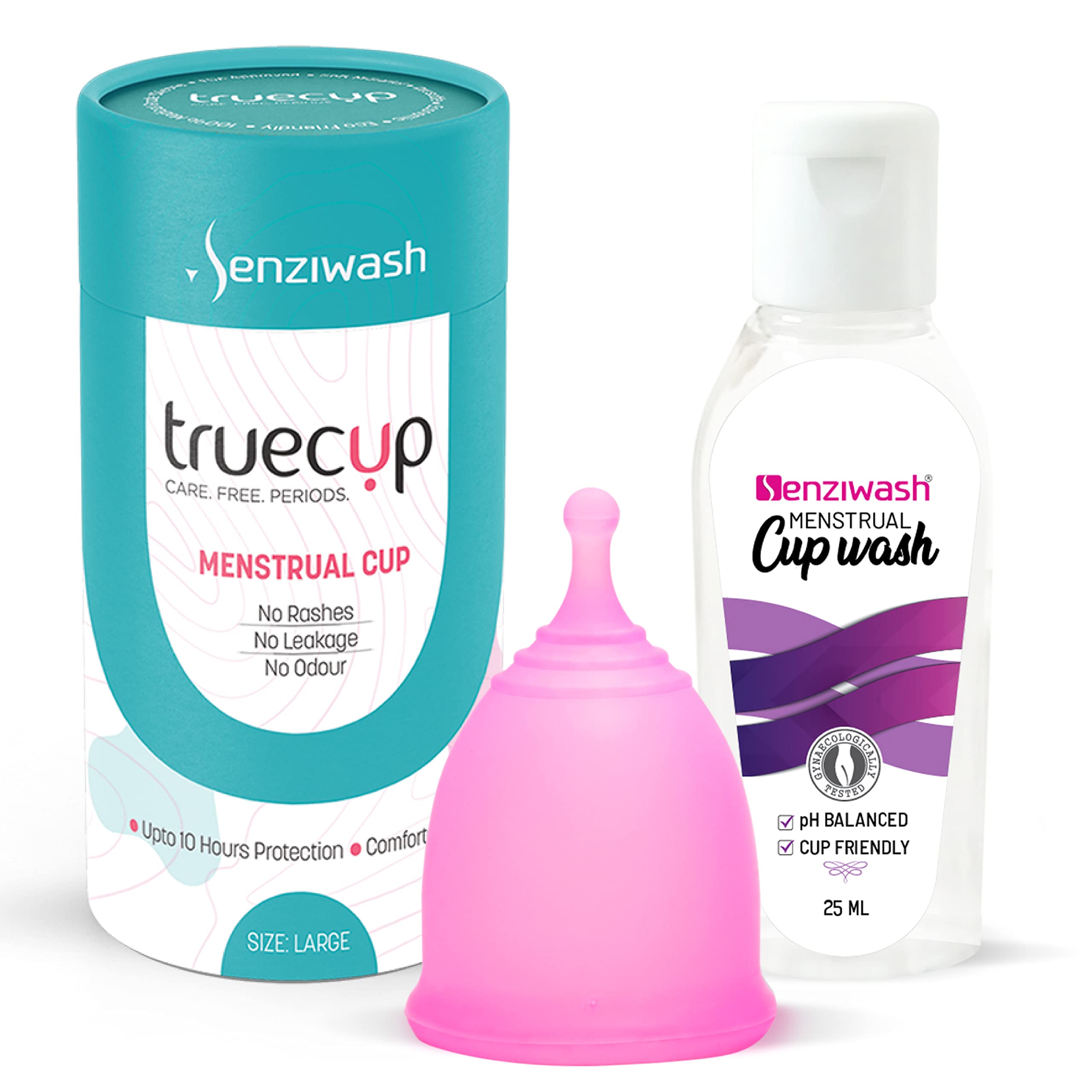 Senziwash Truecup Large Reusable Menstrual Cup & Cup Wash For Women Up to 10 Hours Protection | No Rashes, Leakage or Odour | Hygienic & Comfortable Period cup | 100% Medical Grade Silicone | FDA Approved( Large Cup + Cupwash)