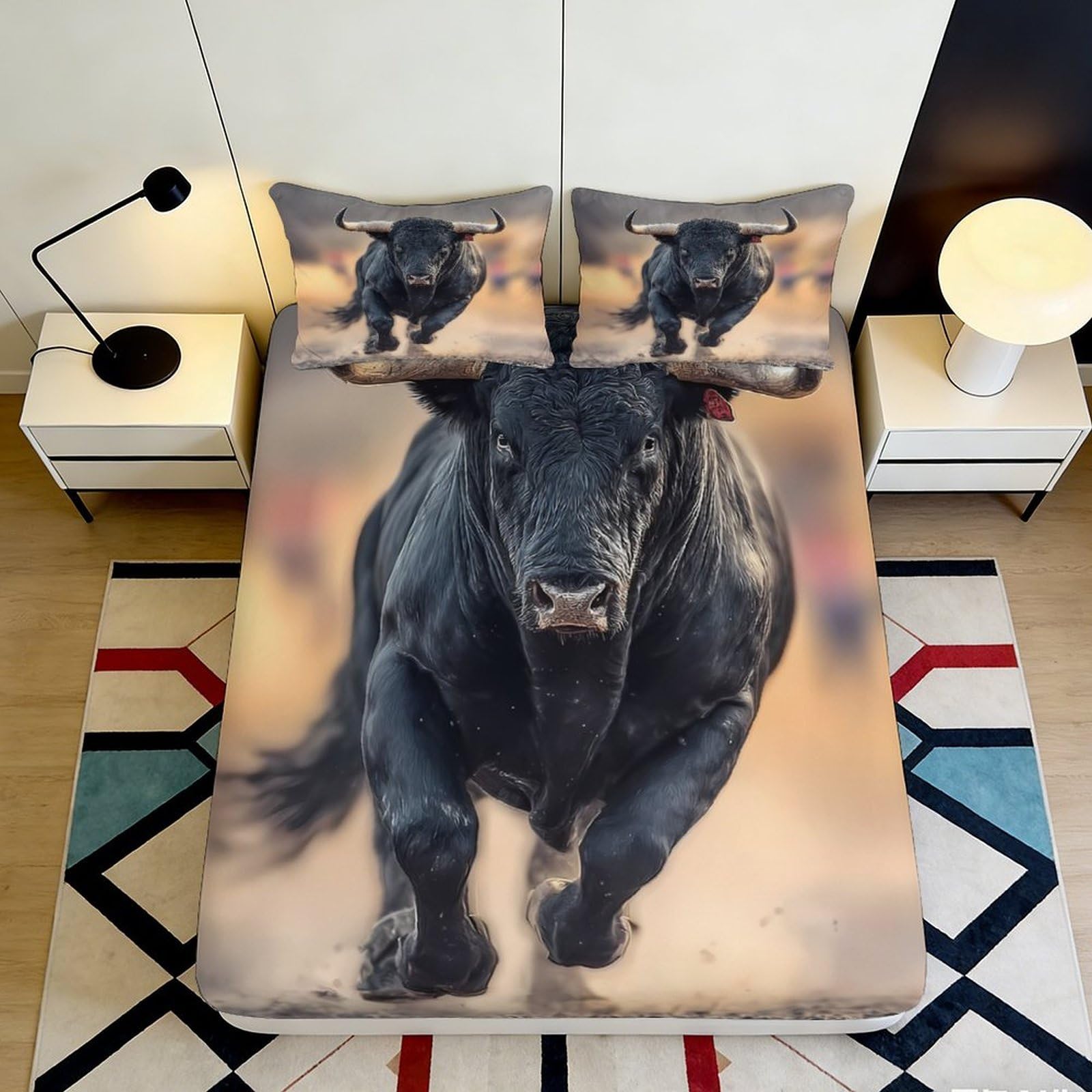 Pnayamiorkfel Style-2 3D Printed Running Bull Fitted Sheet Microfiber Anti-Slip Animal Bed Cover For Bedroom Dorm Mattress Protection Decor 90X200x25cm