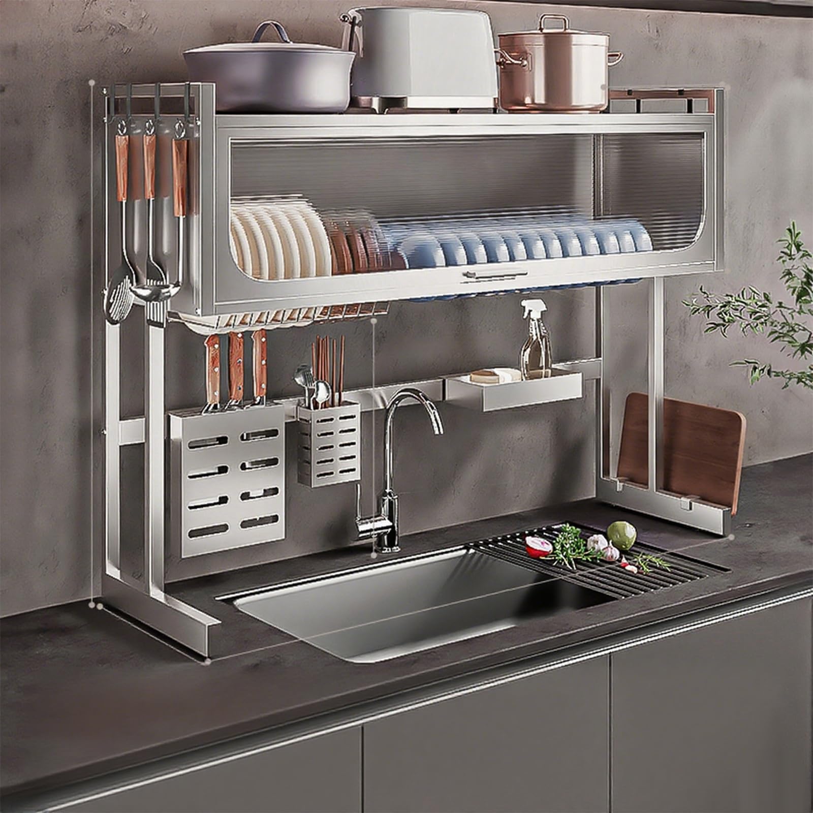 Grand Égouttoir À Vaisselle De Cuisine, Égouttoir À Vaisselle, Égouttoir À Vaisselle En Acier Inoxydable 304, Égouttoir À Vaisselle Avec Couvercle(Original color - height 69cm/27in,105cm/41in)