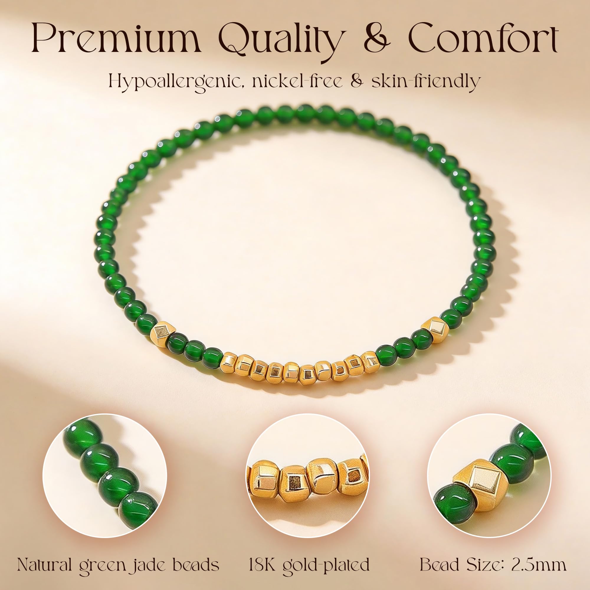 18 K vergoldetes, grünes Jade-Perlen-Armband für Damen, minimalistischer Edelstein, elastisches Armband mit goldenen Würfelperlen, Stackable Lucky Charm Jewellery Geschenk