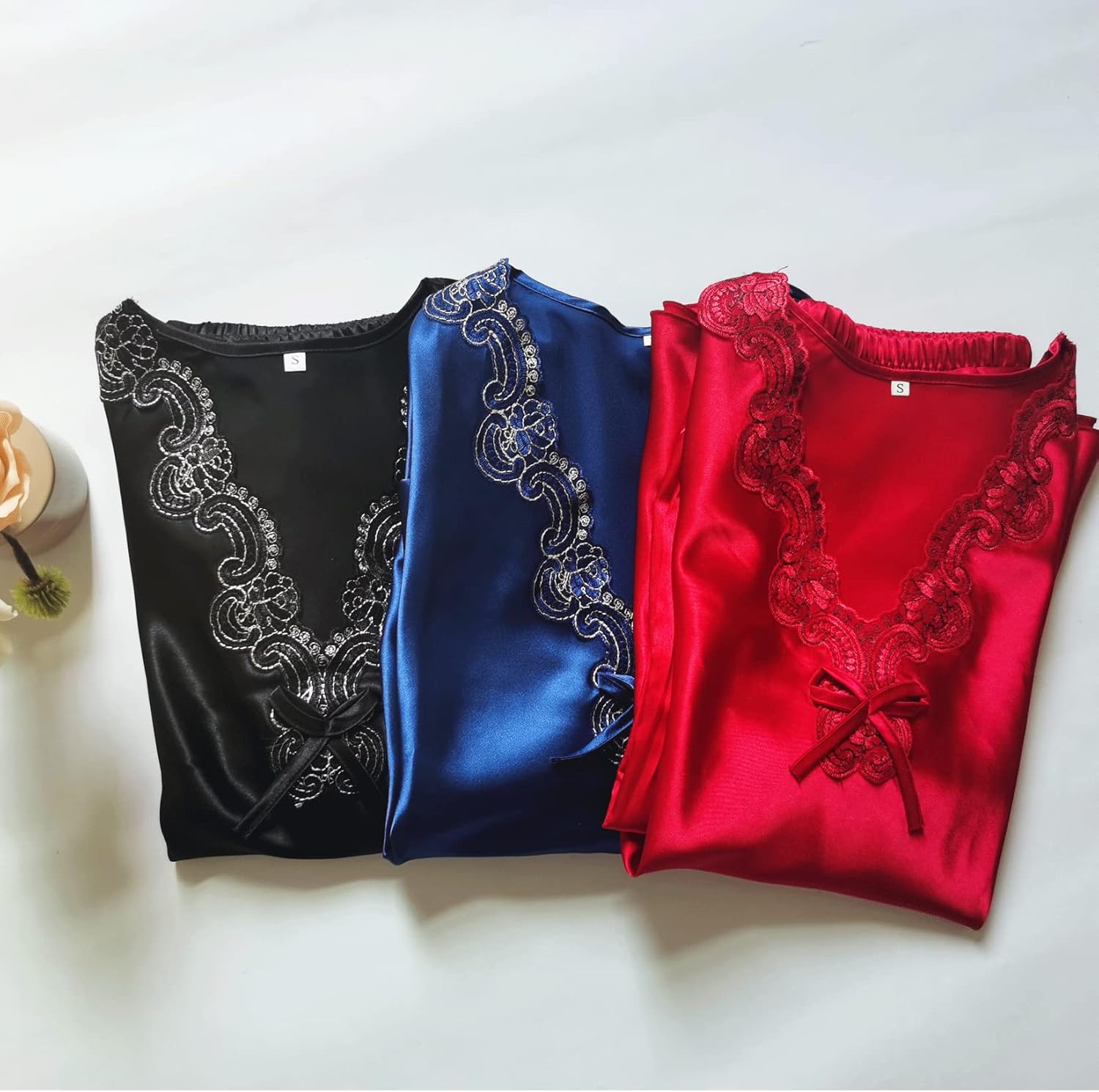 Womens Satin Pajamas Set Two-piece Classic Sleepwear 3/4 Long Sleeve V-Neck with Lace Pj Set - Image 6