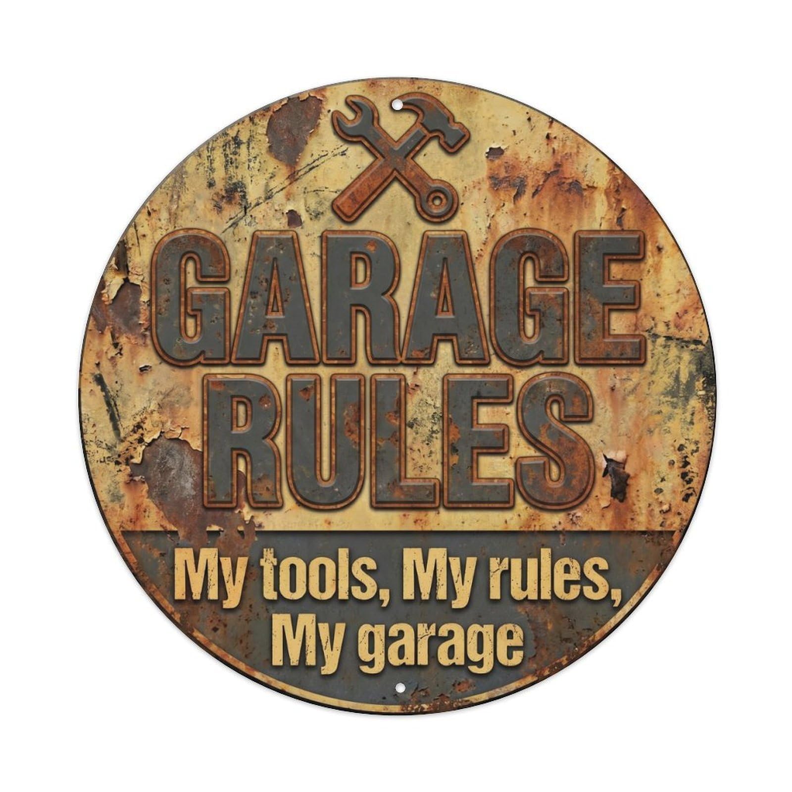 Garage Rules Vintage Round Man Cave Retro Slogans Metal Tin Sign Plaque Wall Decor for Cafe, Club Bar, Office, Home Garden Round Metal Poster 8x8Inch